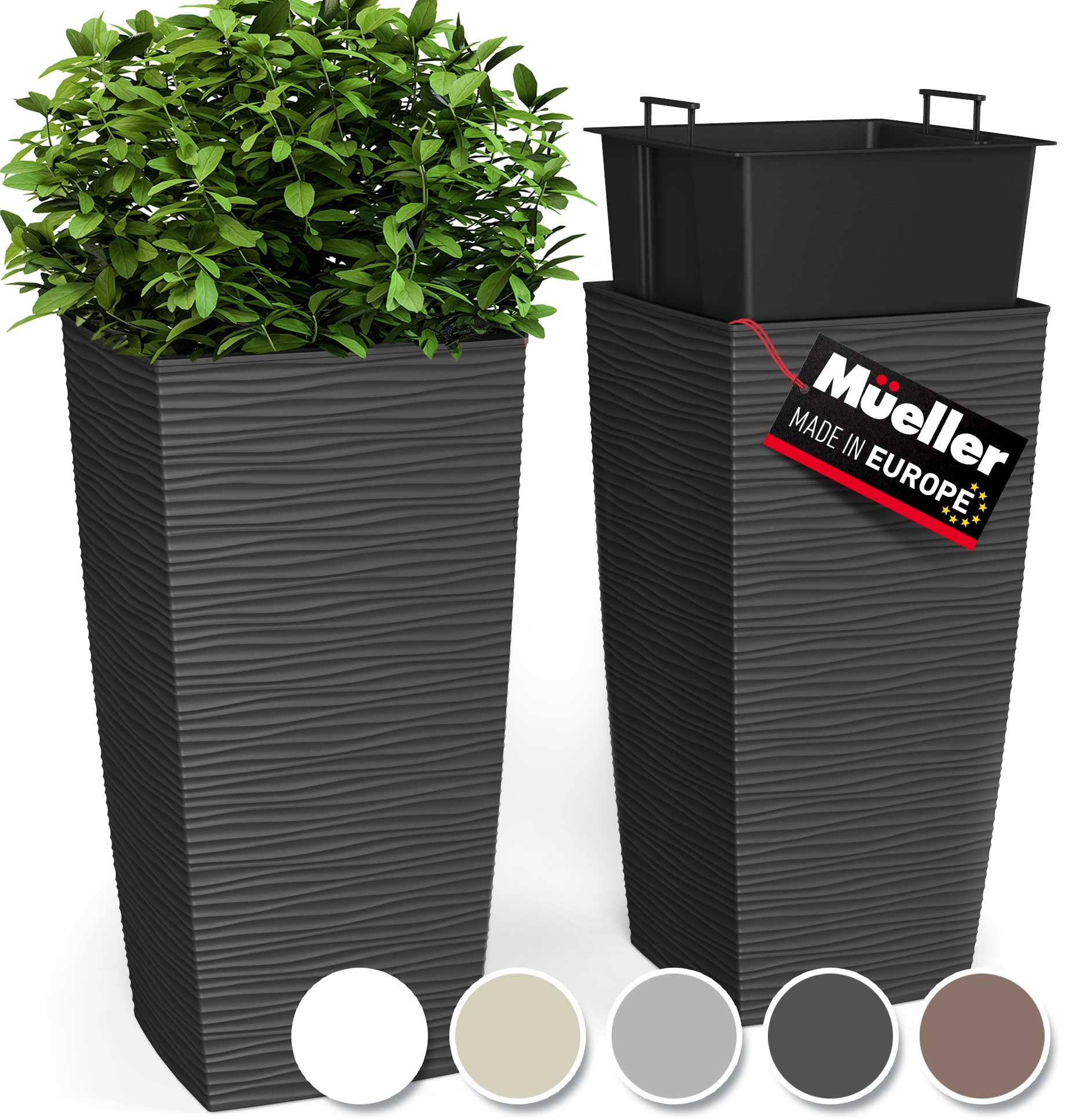 Mueller Janska M-Resin tall planter front view with modern matte finish for indoor or outdoor use