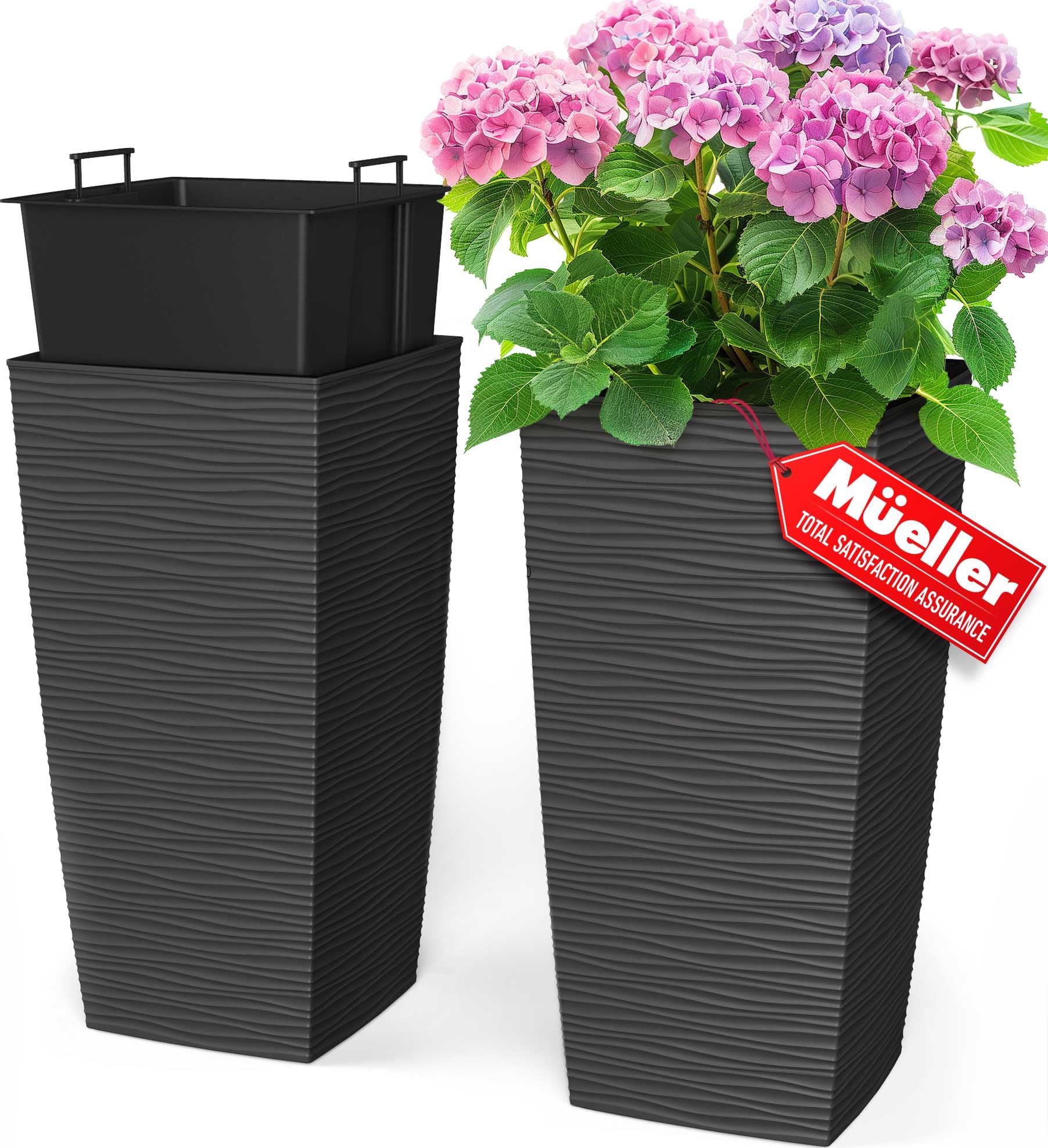 Mueller Janska M-Resin tall planter close-up shows durable matte finish for modern spaces.
