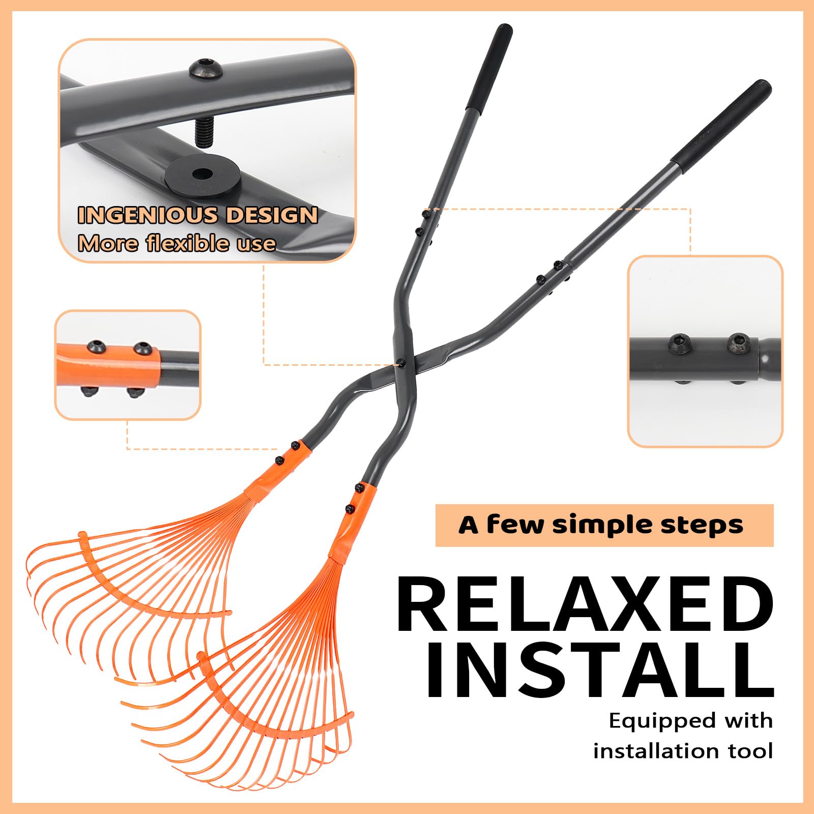 MUIEGUDO leaf grabber rake showing 36-inch reach for back-friendly tasks