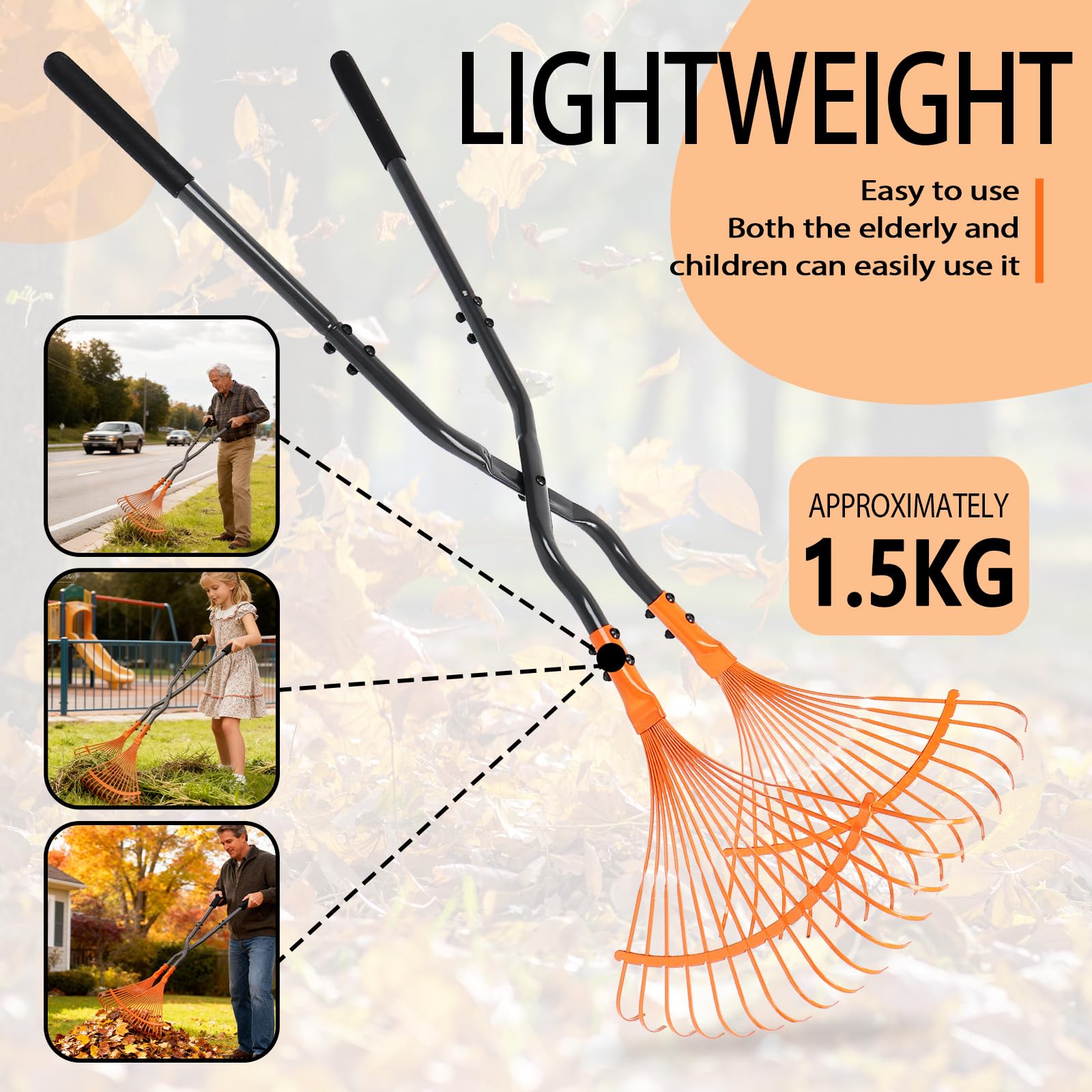 MUIEGUDO leaf grabber rake built from durable steel and plastic