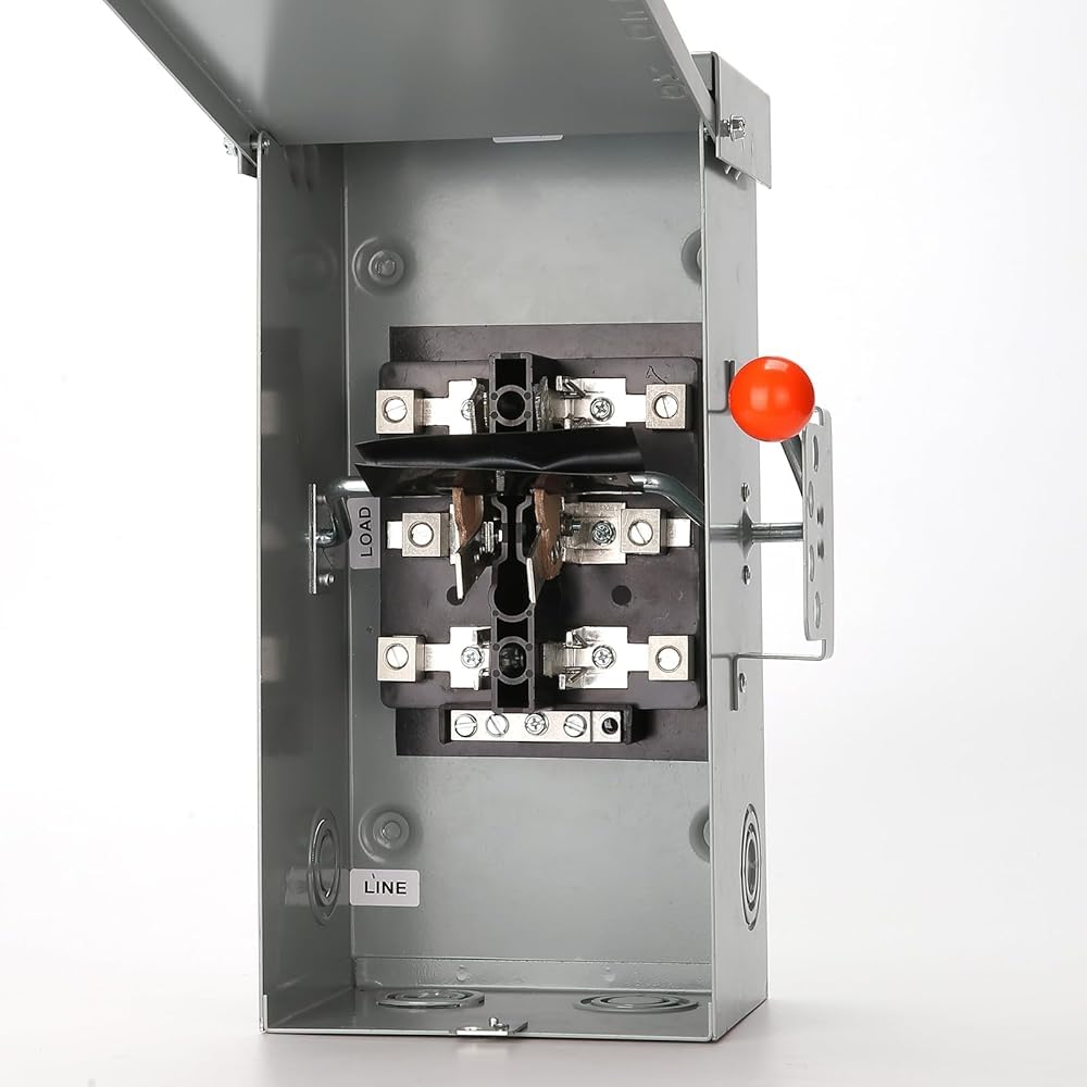 MUJURUR 100A transfer switch front view with lever for smooth power transfer.