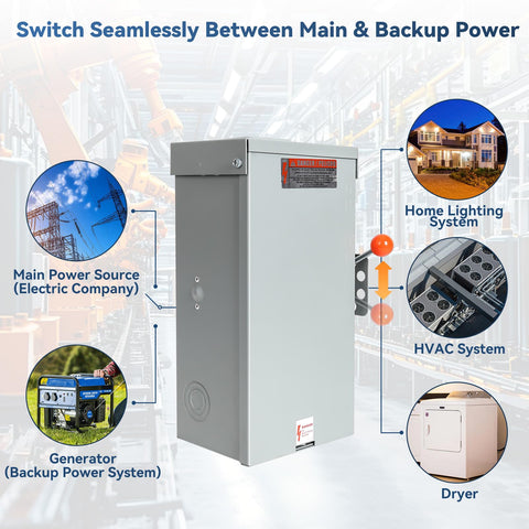 MUJURUR 100A transfer switch side view highlighting rugged, outdoor-ready design.