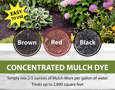 Before and after Mulch Worx color transformation showing renewed mulch