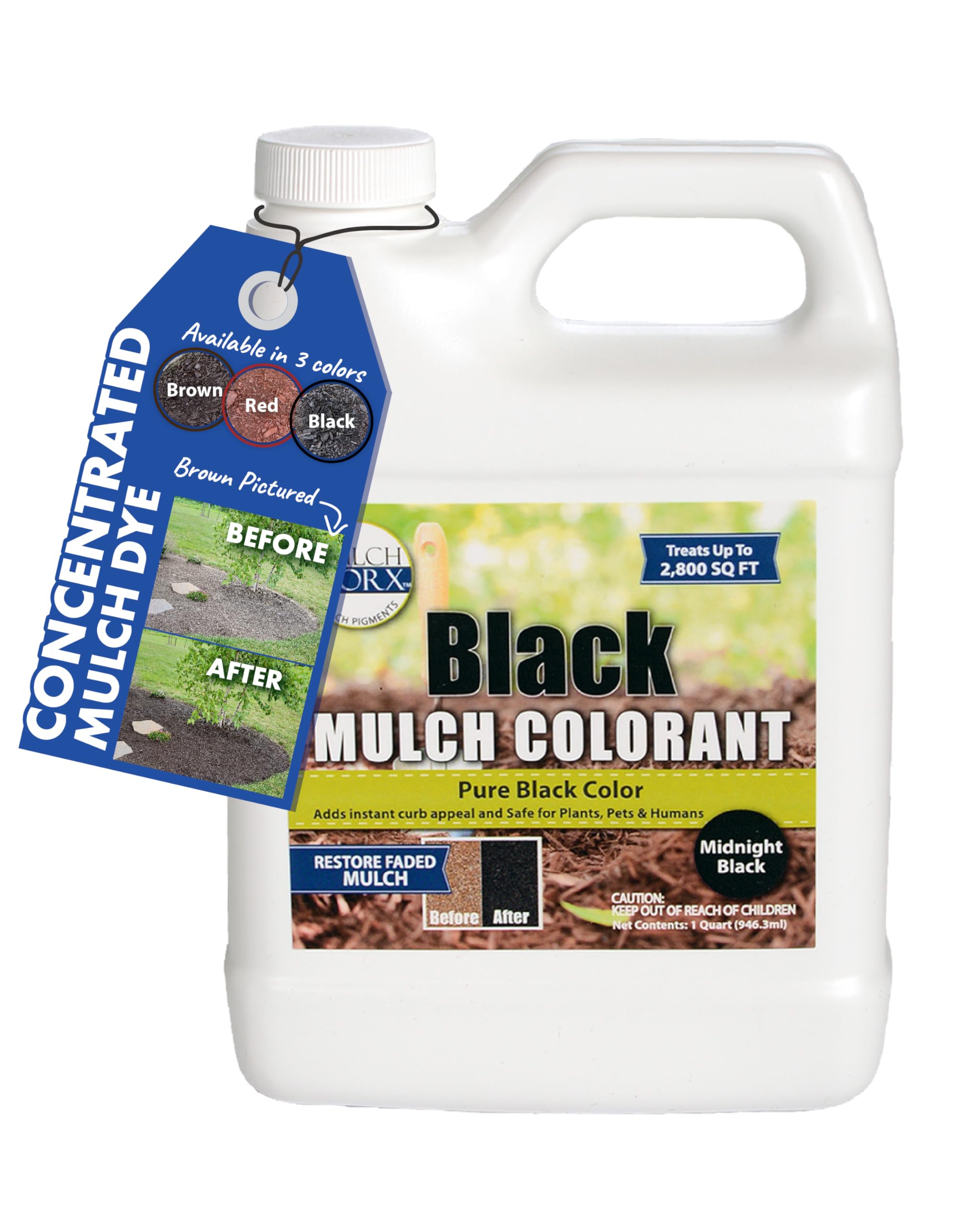 Mulch Worx Black Color Concentrate bottle pour for quick, even mulch coloring