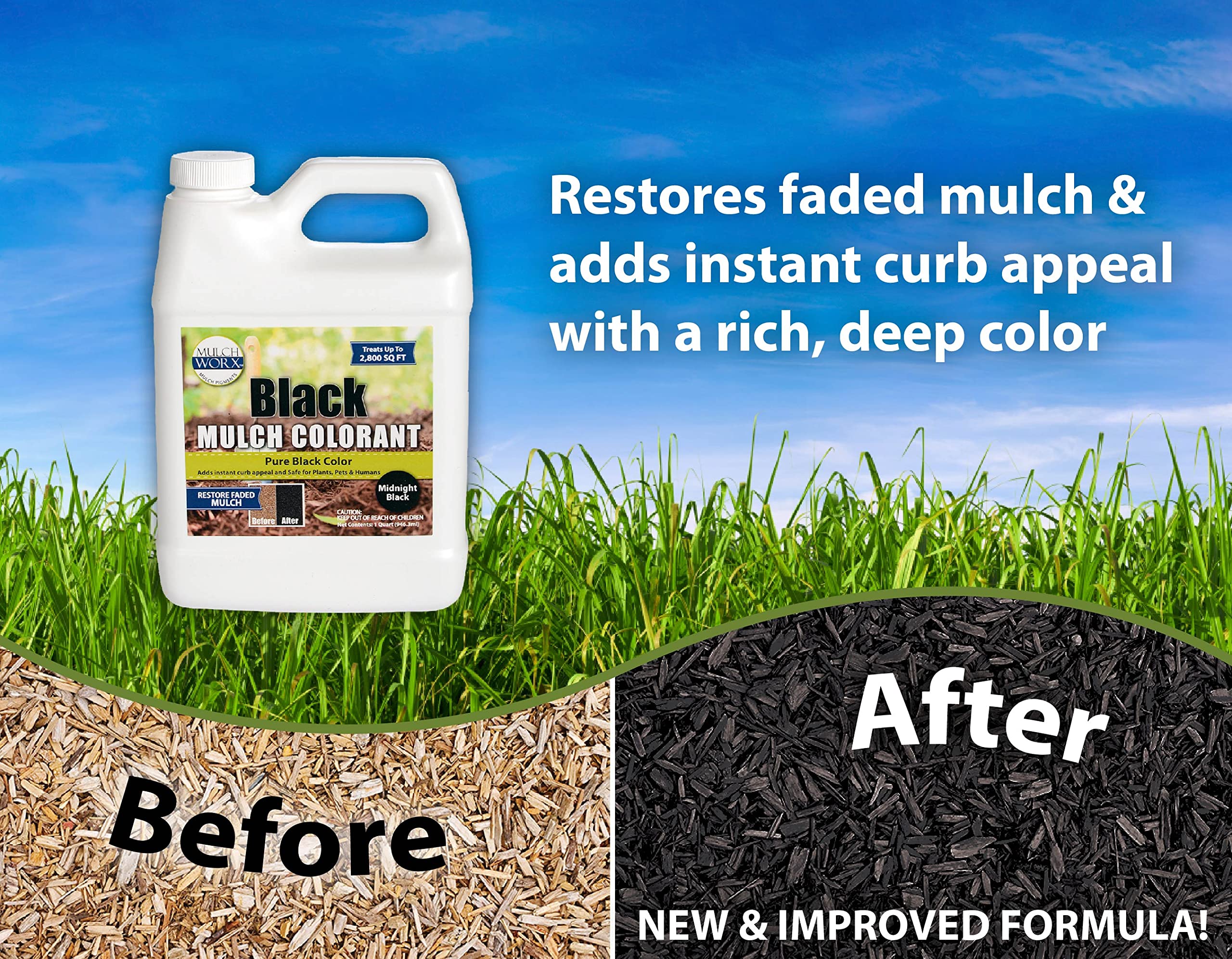 Mulch Worx spray application demonstrates even coverage across faded mulch