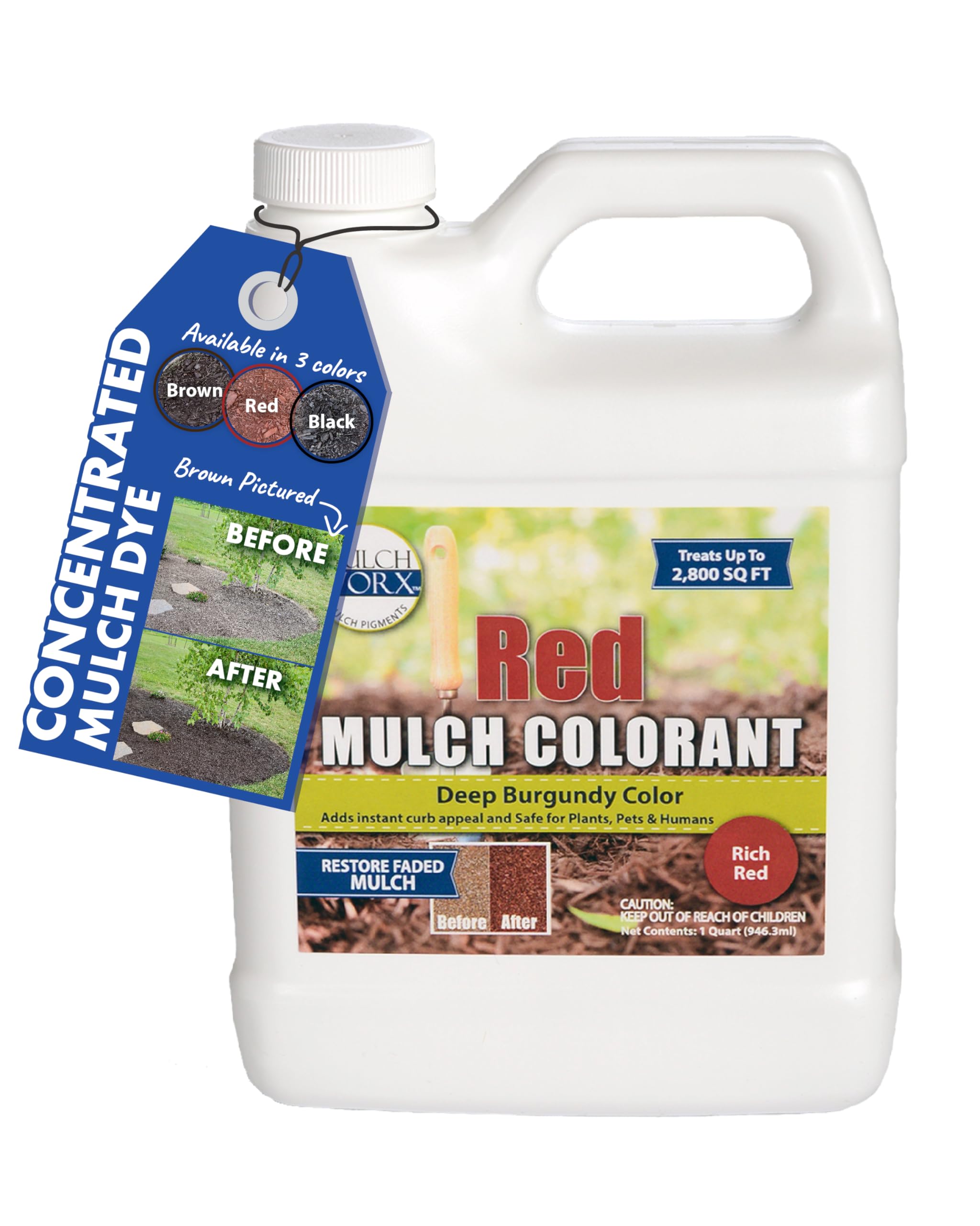 Mulch Worx red color concentrate bottle for easy at-home mulch rejuvenation.
