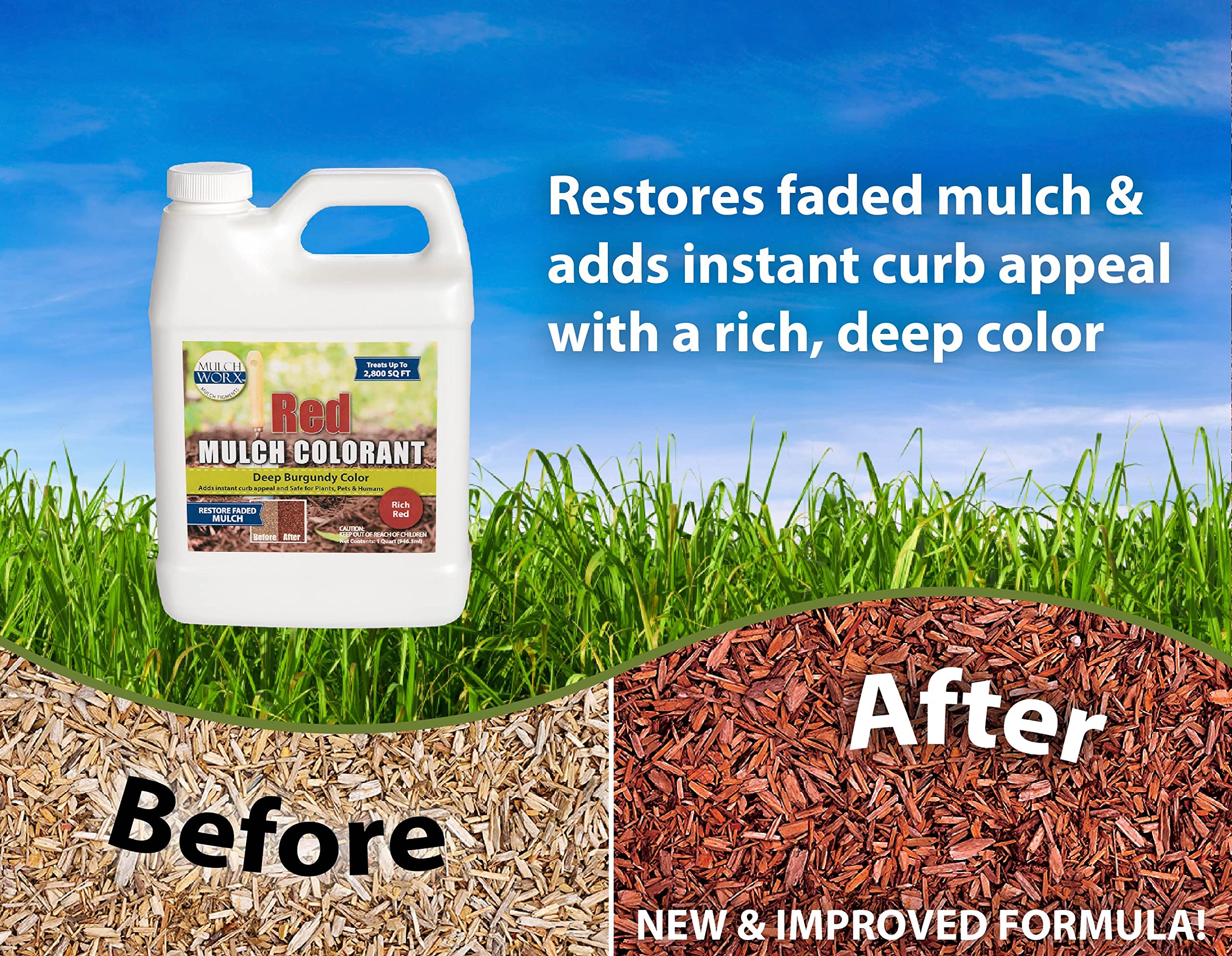 Mulch Worx red color spray applying on faded mulch for uniform coverage.