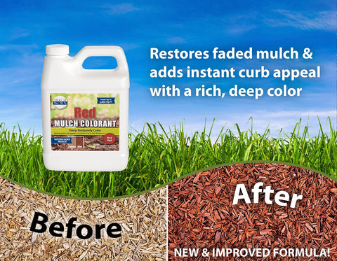 Mulch Worx red color spray applying on faded mulch for uniform coverage.
