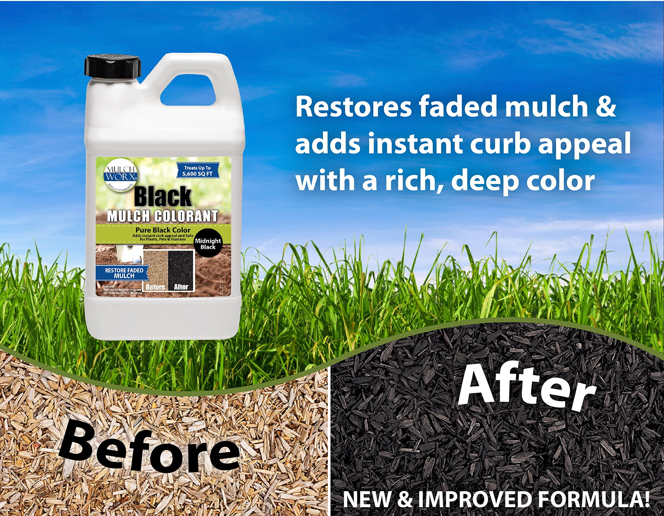 Mulch Worx bottle showing dosage guide for easy mixing.