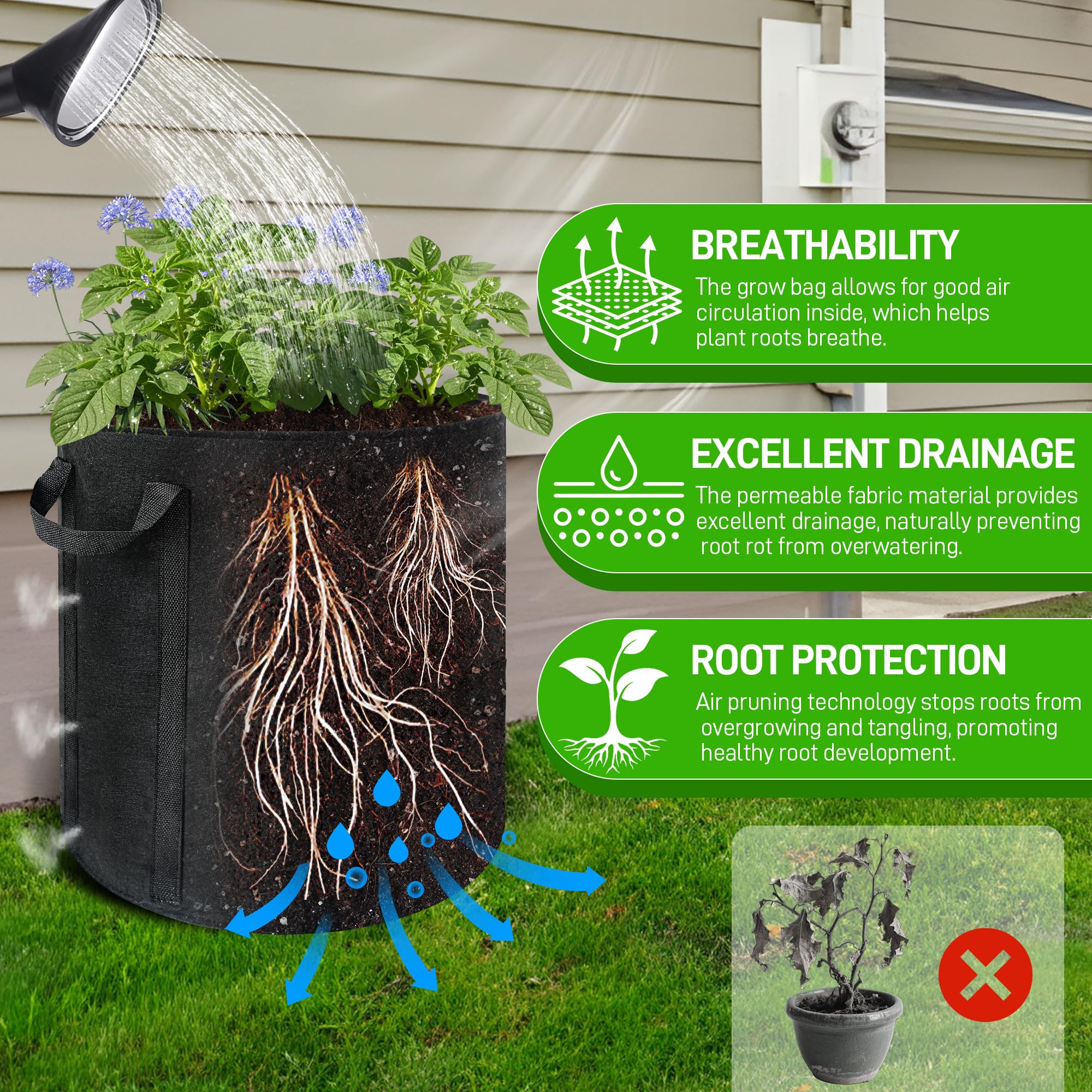 Mulctun 4-pack potato bags providing ample space for root growth