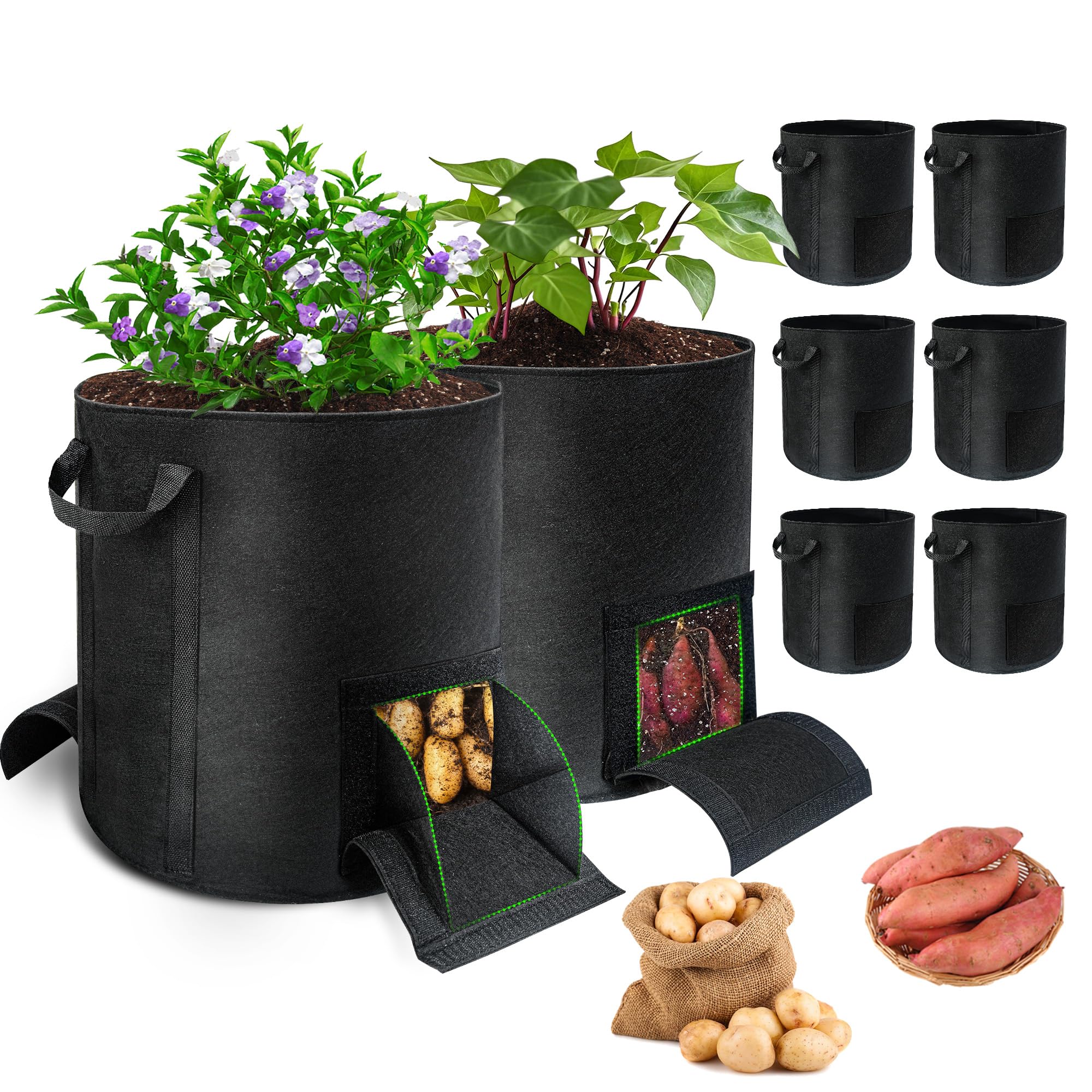 Mulctun potato grow bag with harvest window enables clean picking outdoors.