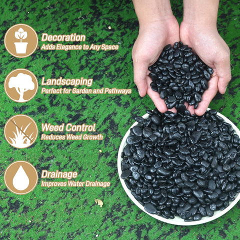 Mulctun black river rocks feature varied shapes for natural landscape accents.