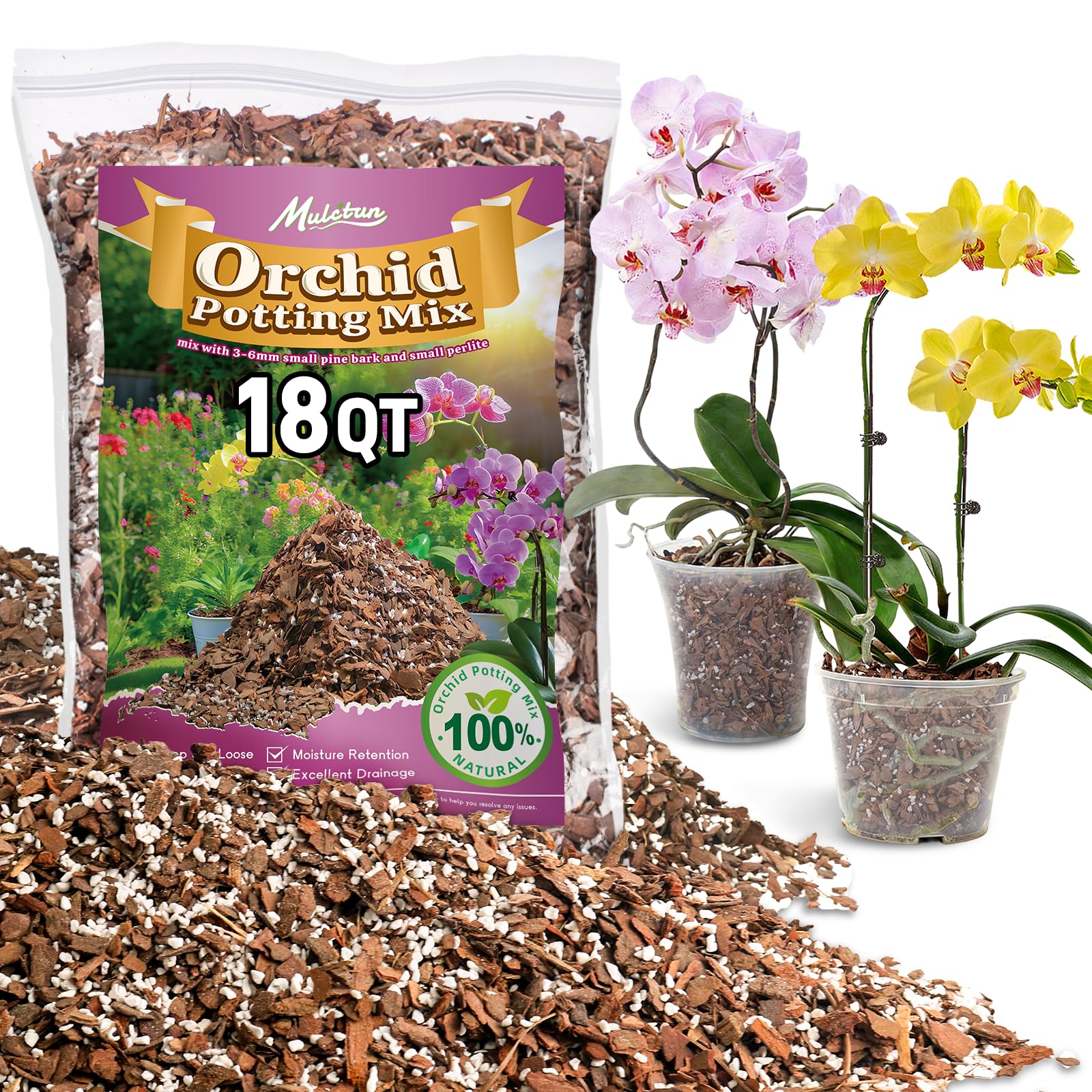 Mulctun orchid bark potting mix 18QT close-up showing chunked bark for drainage.