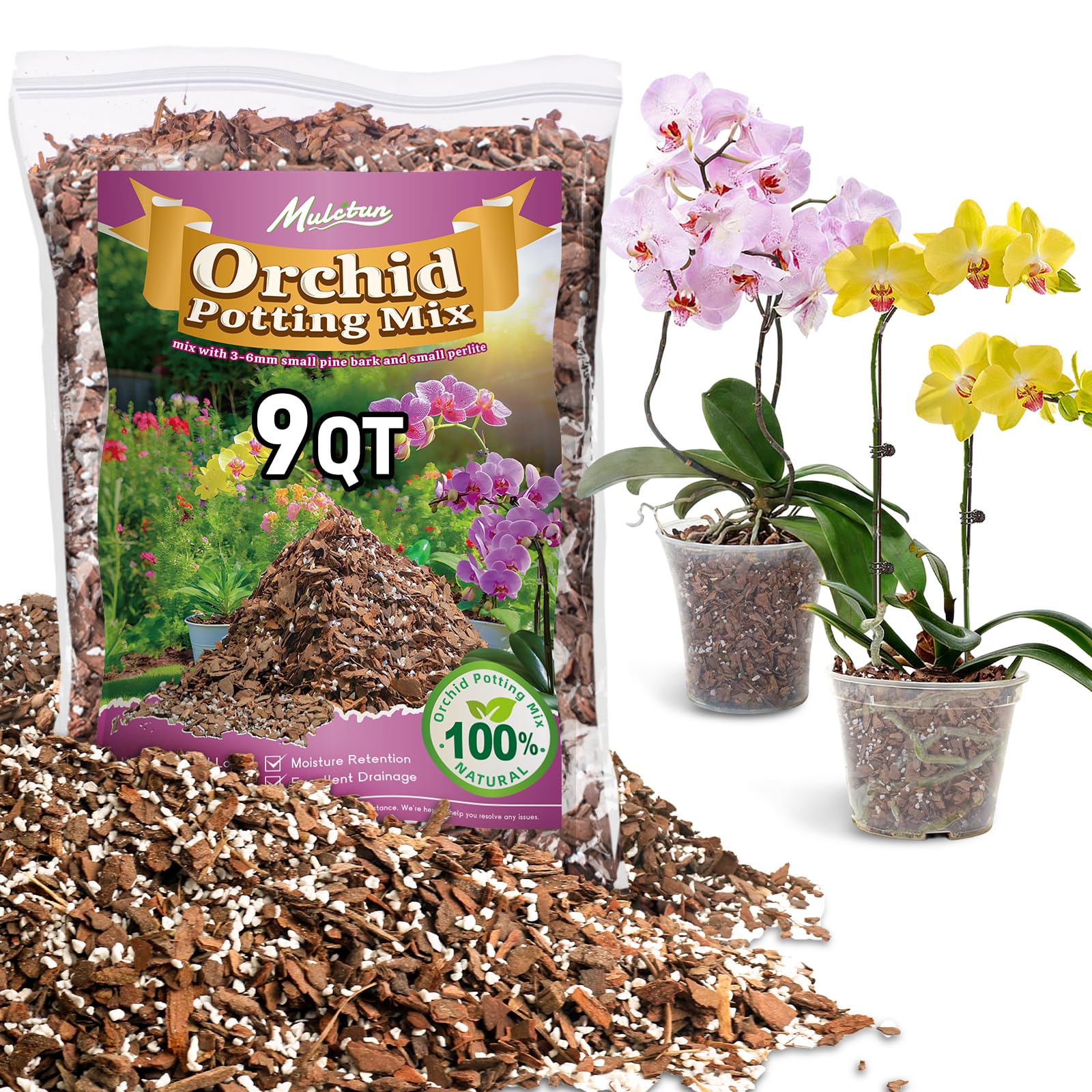Mulctun Orchid Bark Potting Mix 9QT bag shows natural blend for orchids.