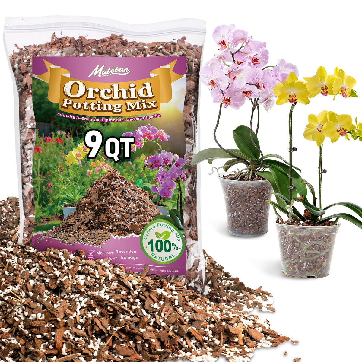 Mulctun Orchid Bark Potting Mix 9QT bag shows natural blend for orchids.
