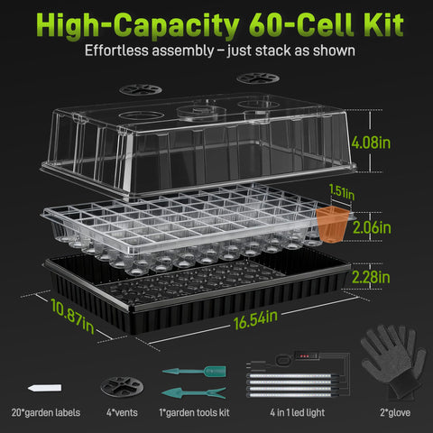 Mulctun sixty cell seed tray top view highlighting high capacity germination space for many seeds.