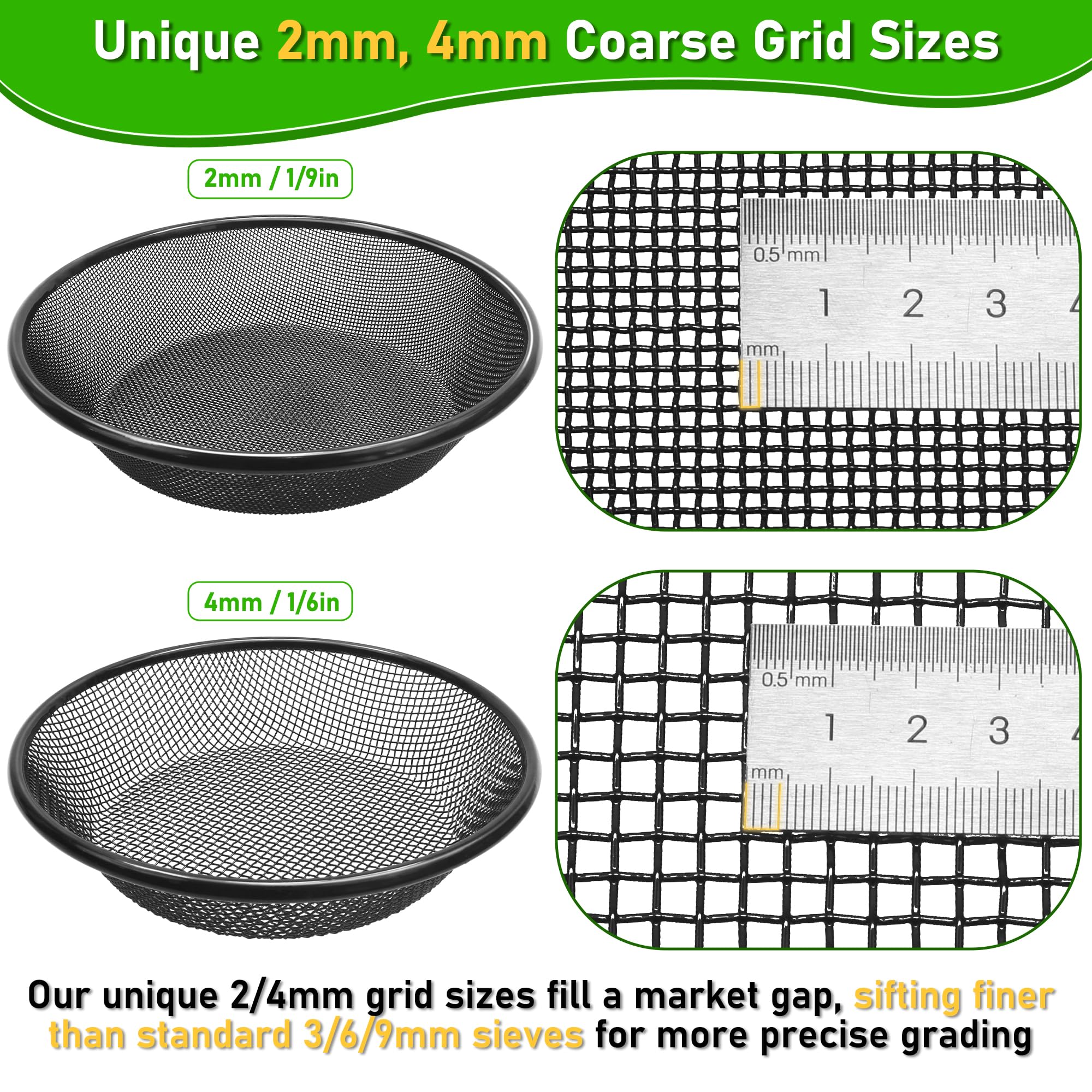 Mulctun soil sifter 2mm grid close-up highlights ultra-fine particle capture