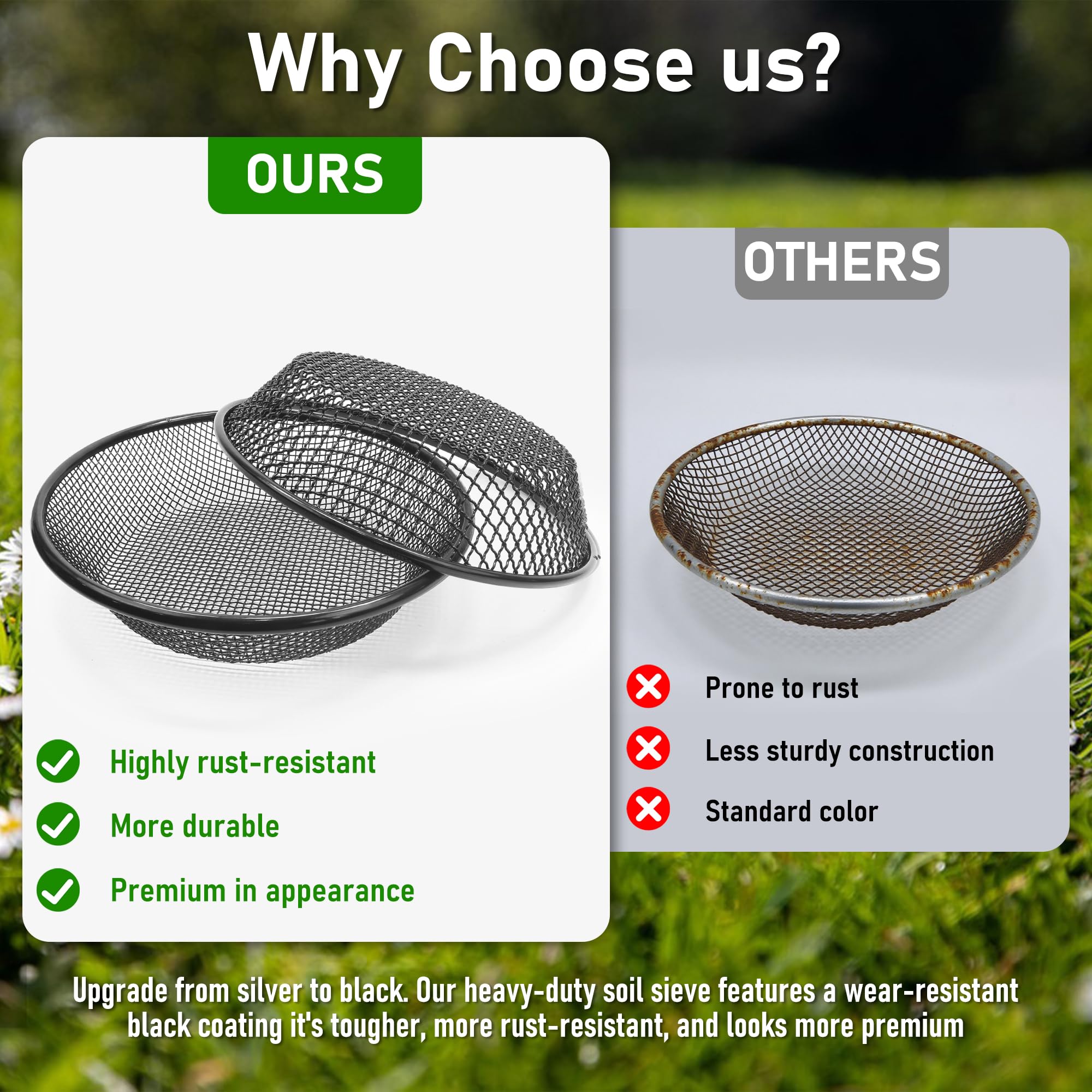 Mulctun soil sifter 4mm grid close-up shows fine screening capability
