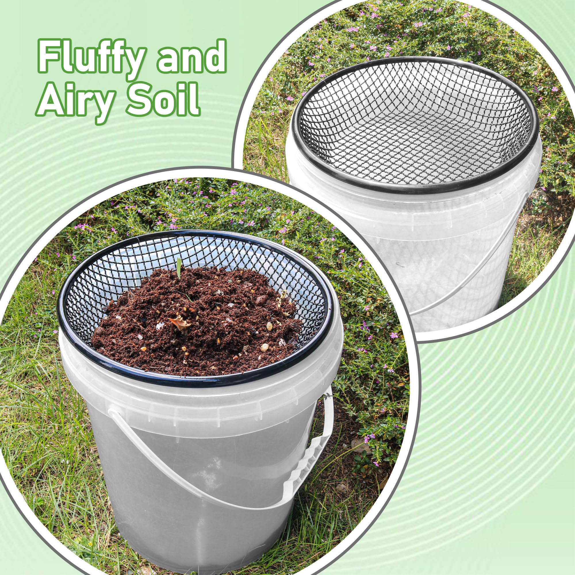 Mulctun 5-gallon bucket fit with soil sifter in use on garden prep