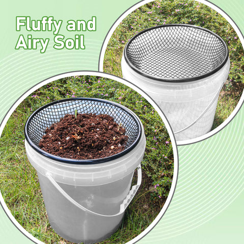 Mulctun 5-gallon bucket fit with soil sifter in use on garden prep