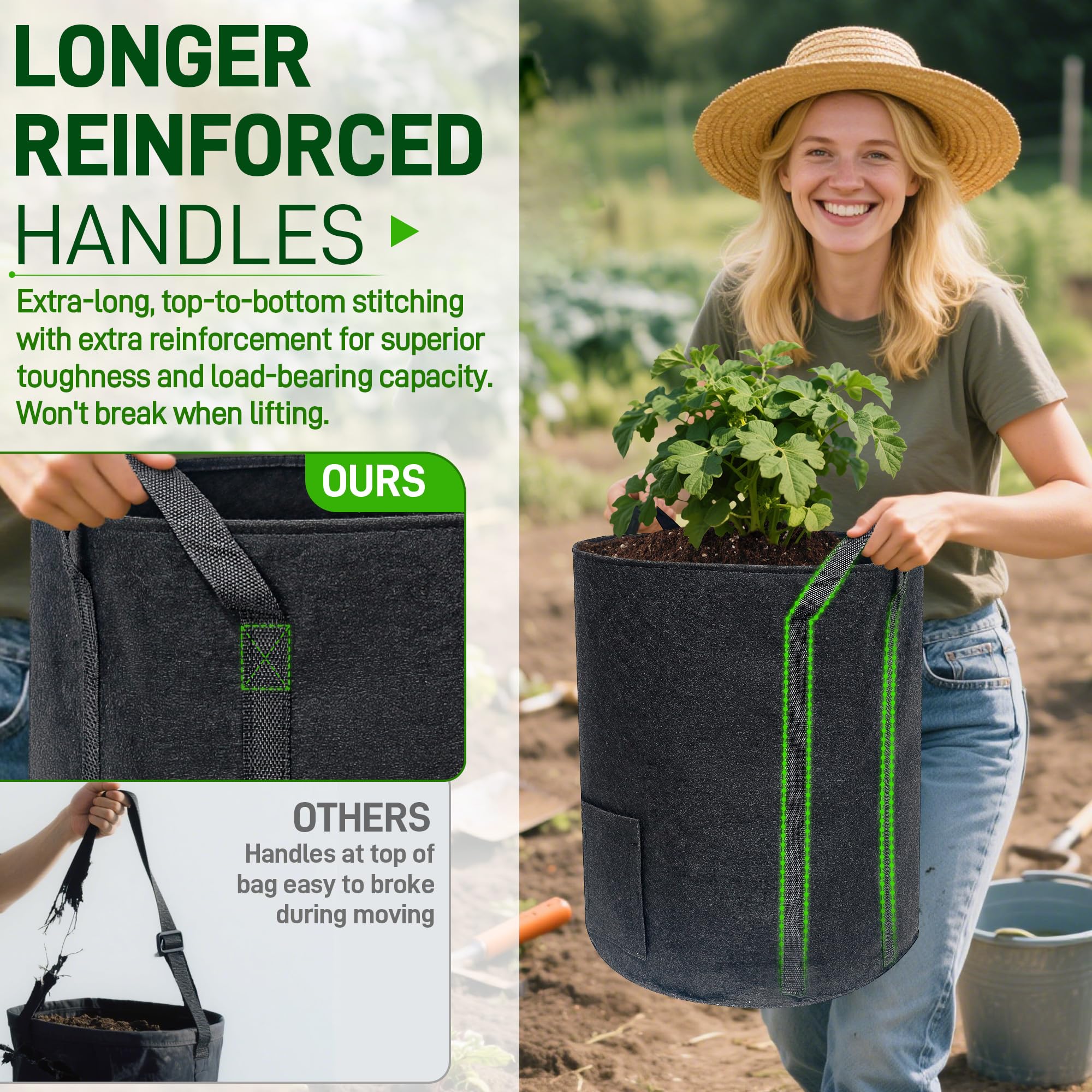 Mulctun thickened nonwoven fabric enhances breathability for roots.