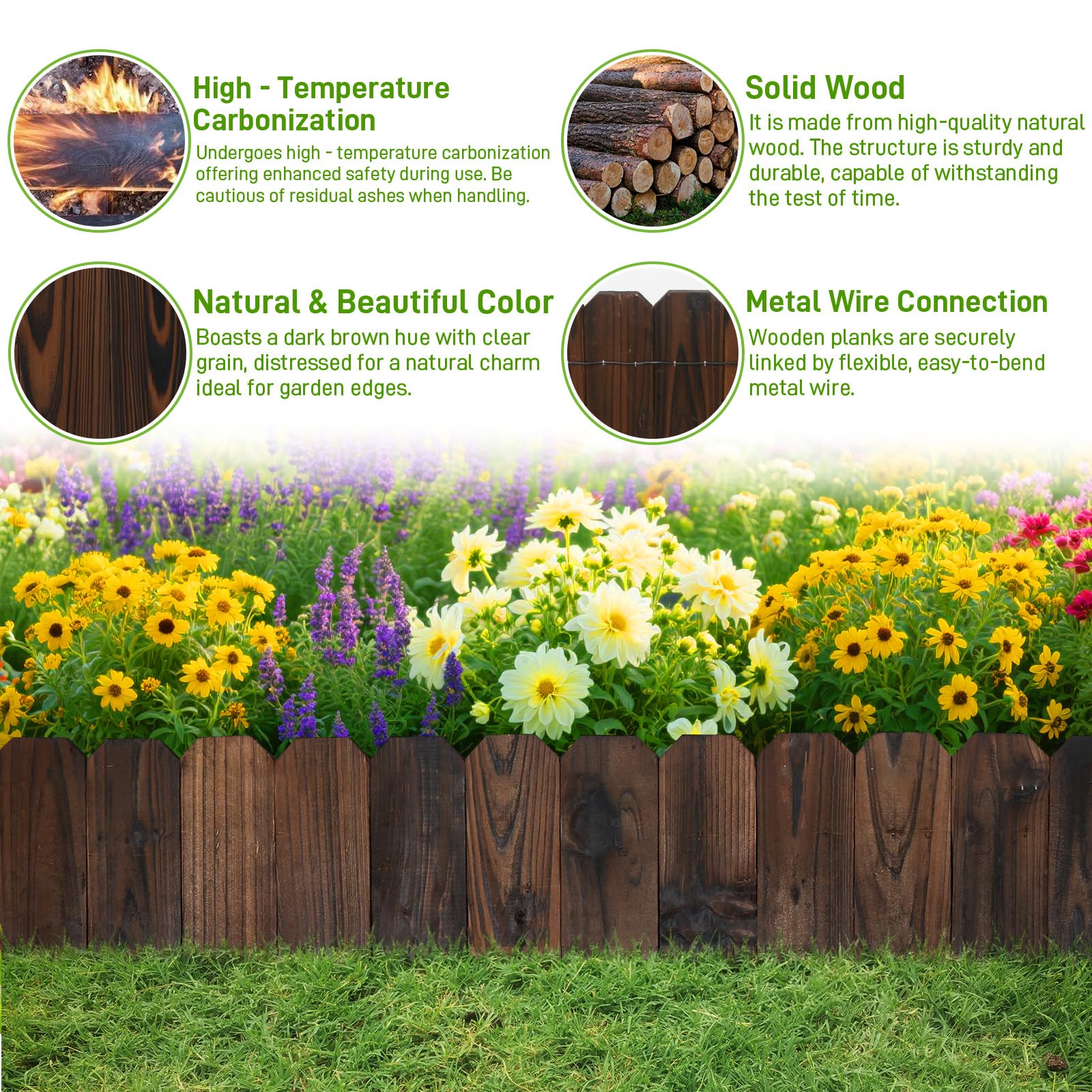 Mulctun wood garden edging joinable design allows curved and square layouts.