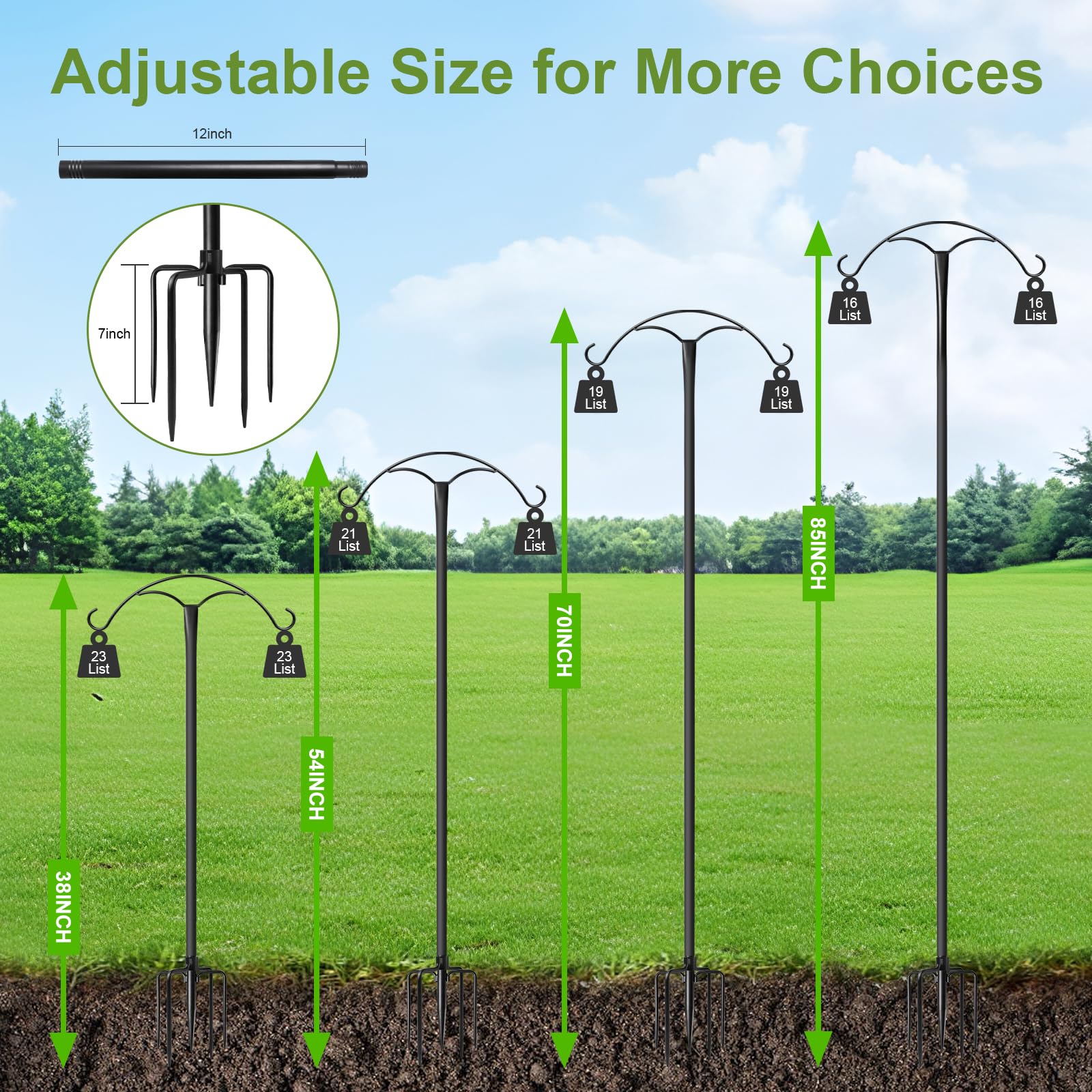 MuliVid heavy-duty shepherds hook with adjustable height for versatile garden setups.