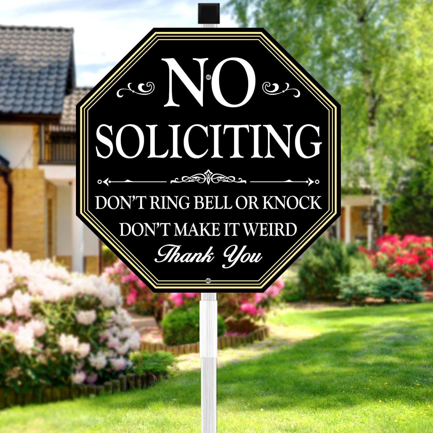 Multiwins no-soliciting sign in front yard with stake improves boundary clarity