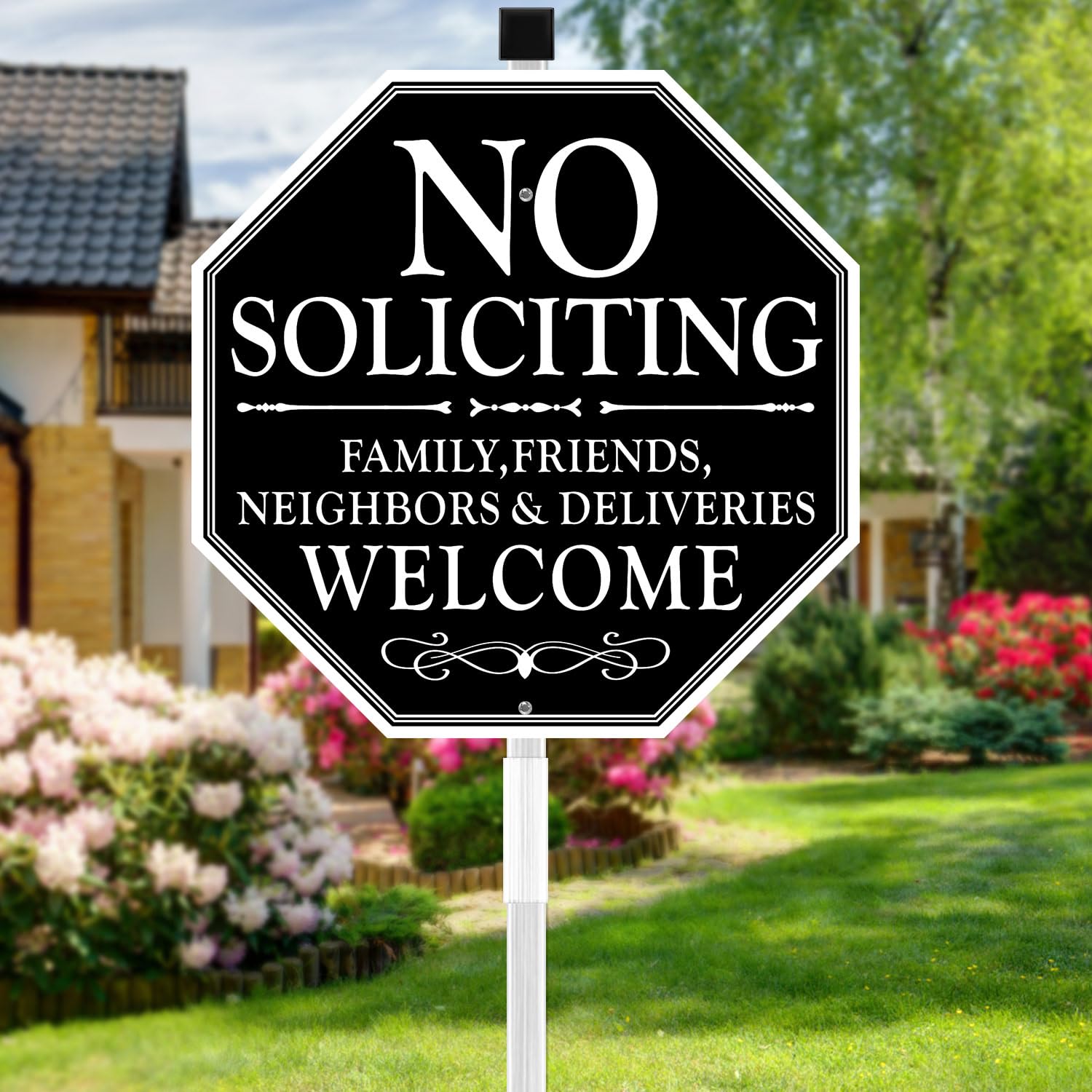 Multiwins No Soliciting Sign – house front view for privacy and clear messaging.