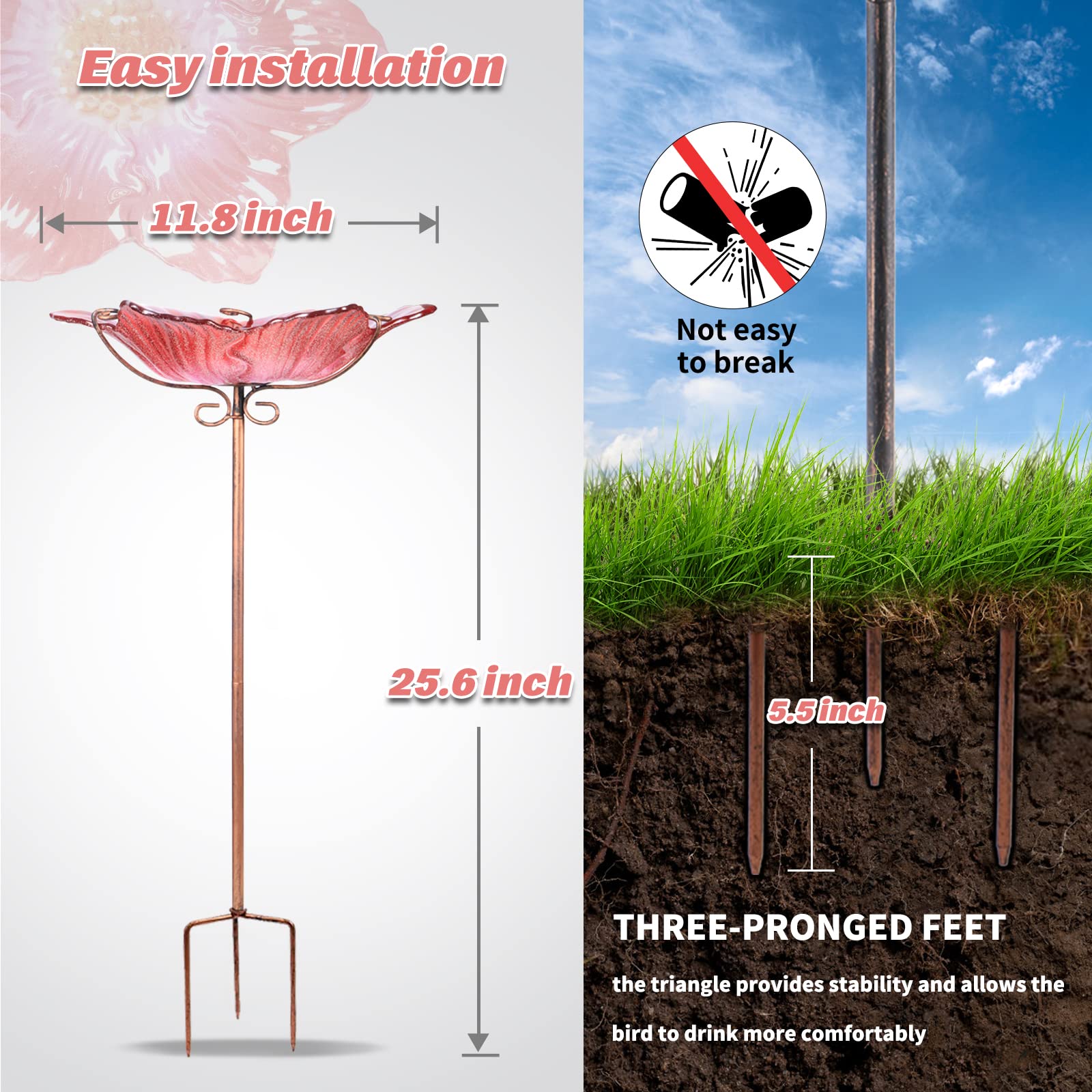 MUMTOP stake-mounted bird bath enables stable outdoor setup for year-round use