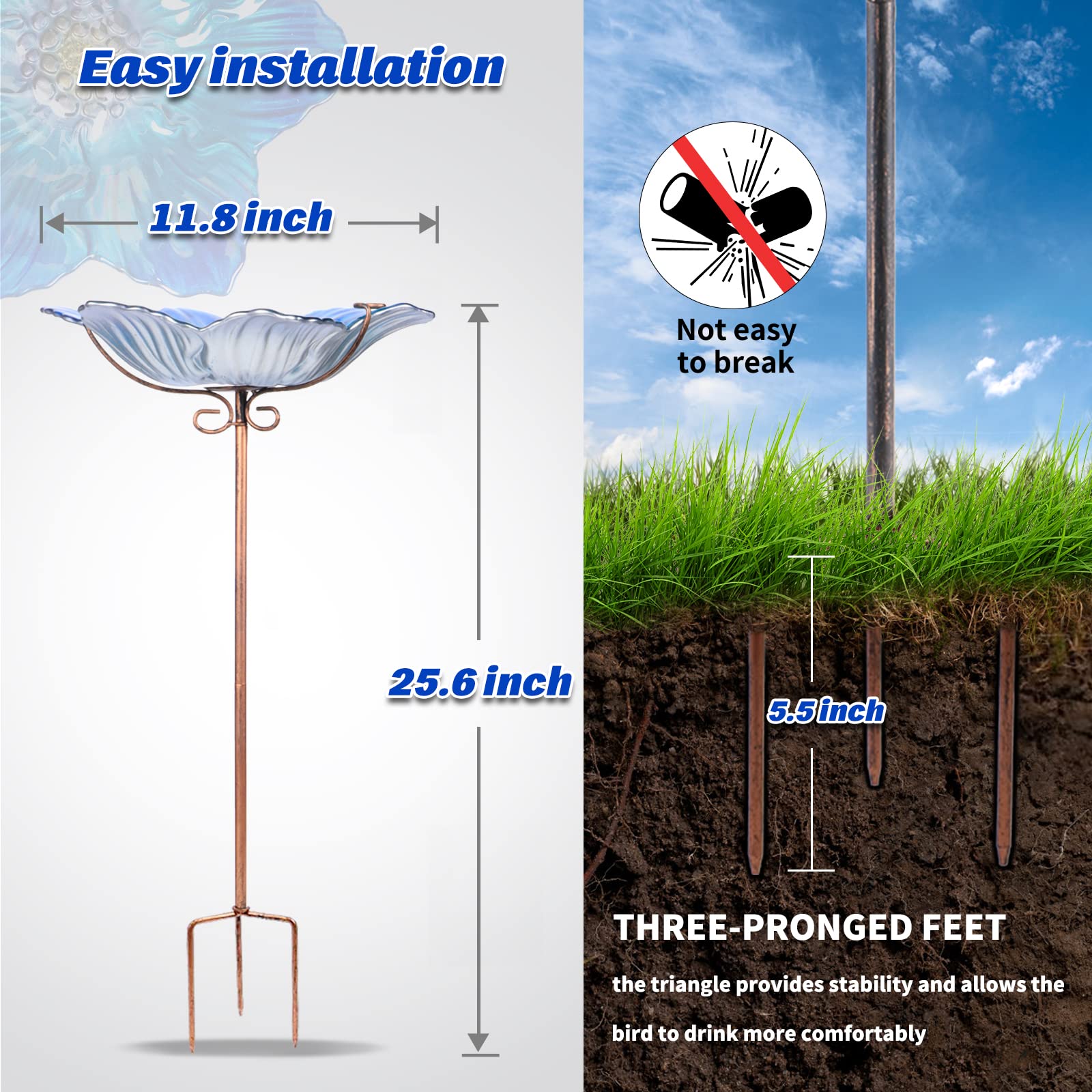 MUMTOP glass bird bath on stake functions as garden feeder
