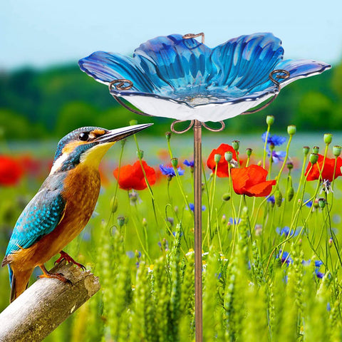 MUMTOP durable blue glass bird bath withstands outdoor weather