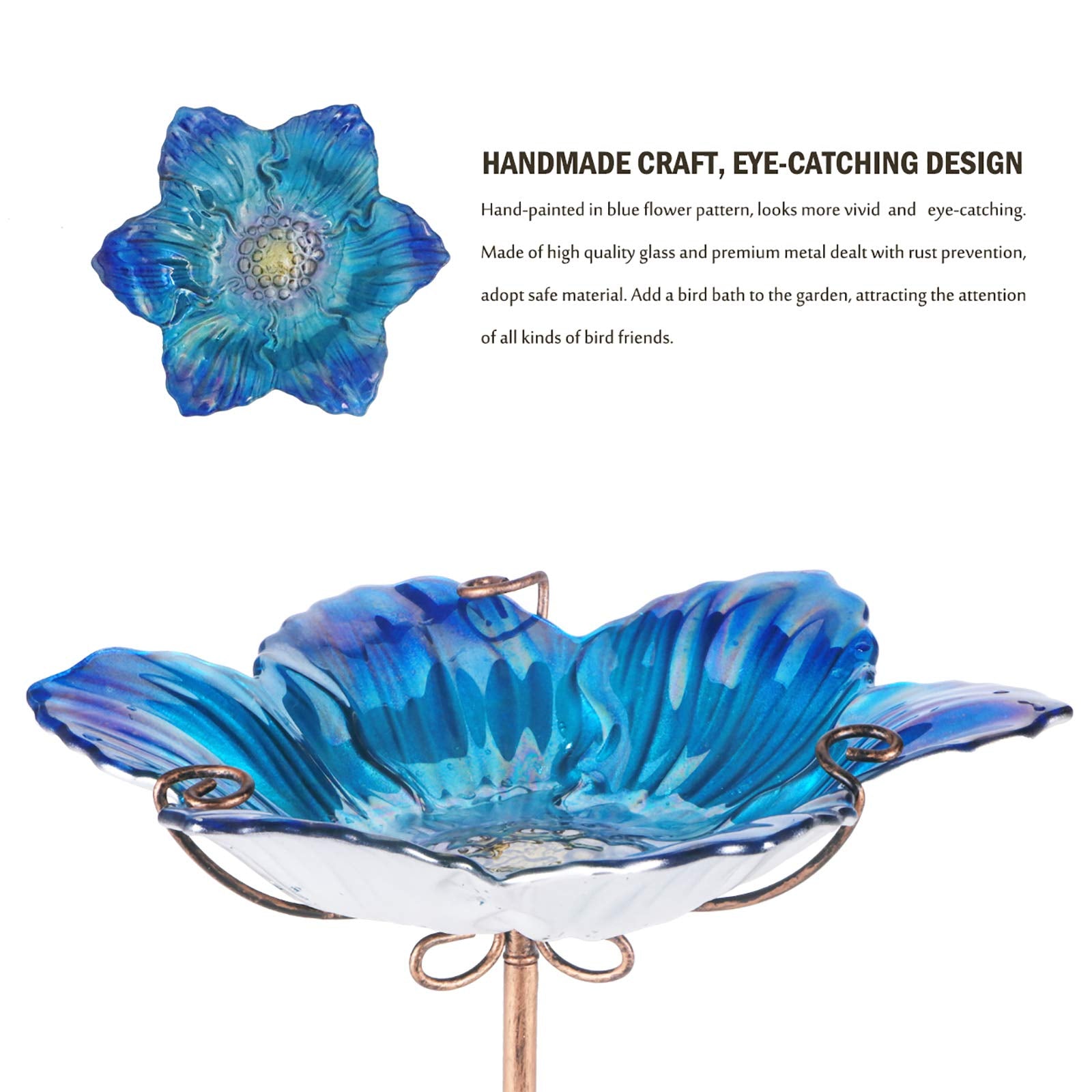 MUMTOP blue glass birdbath blends with garden scenery