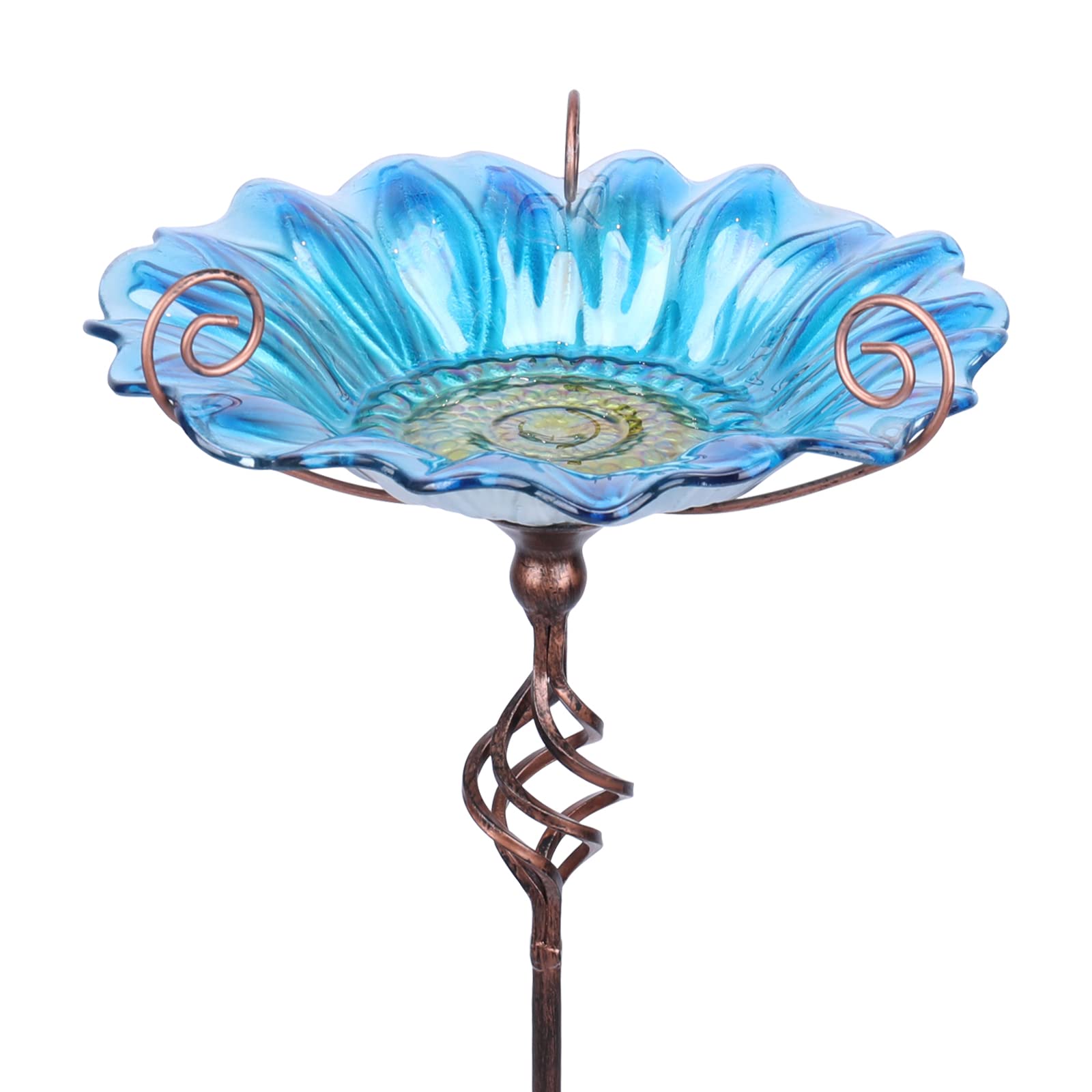 MUMTOP glass bird bath with blue flower pattern attracts birds to bathe in gardens.