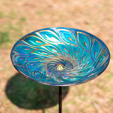 MUMTOP glass bird bath with peacock pattern adds decorative touch.