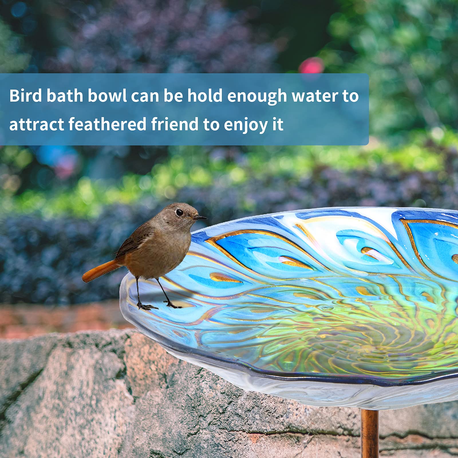 MUMTOP glass bird bath stainless stake for sturdy outdoor setup.