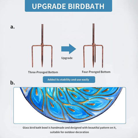 MUMTOP glass bird bath holds water or seed to attract birds.