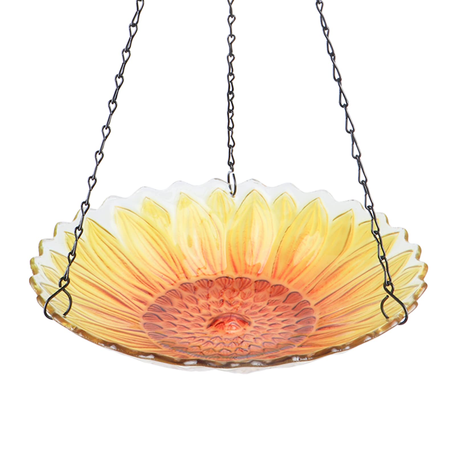 MUMTOP Hanging Bird Bath with sunflower pattern attracts birds to bathe in sunny garden spaces.