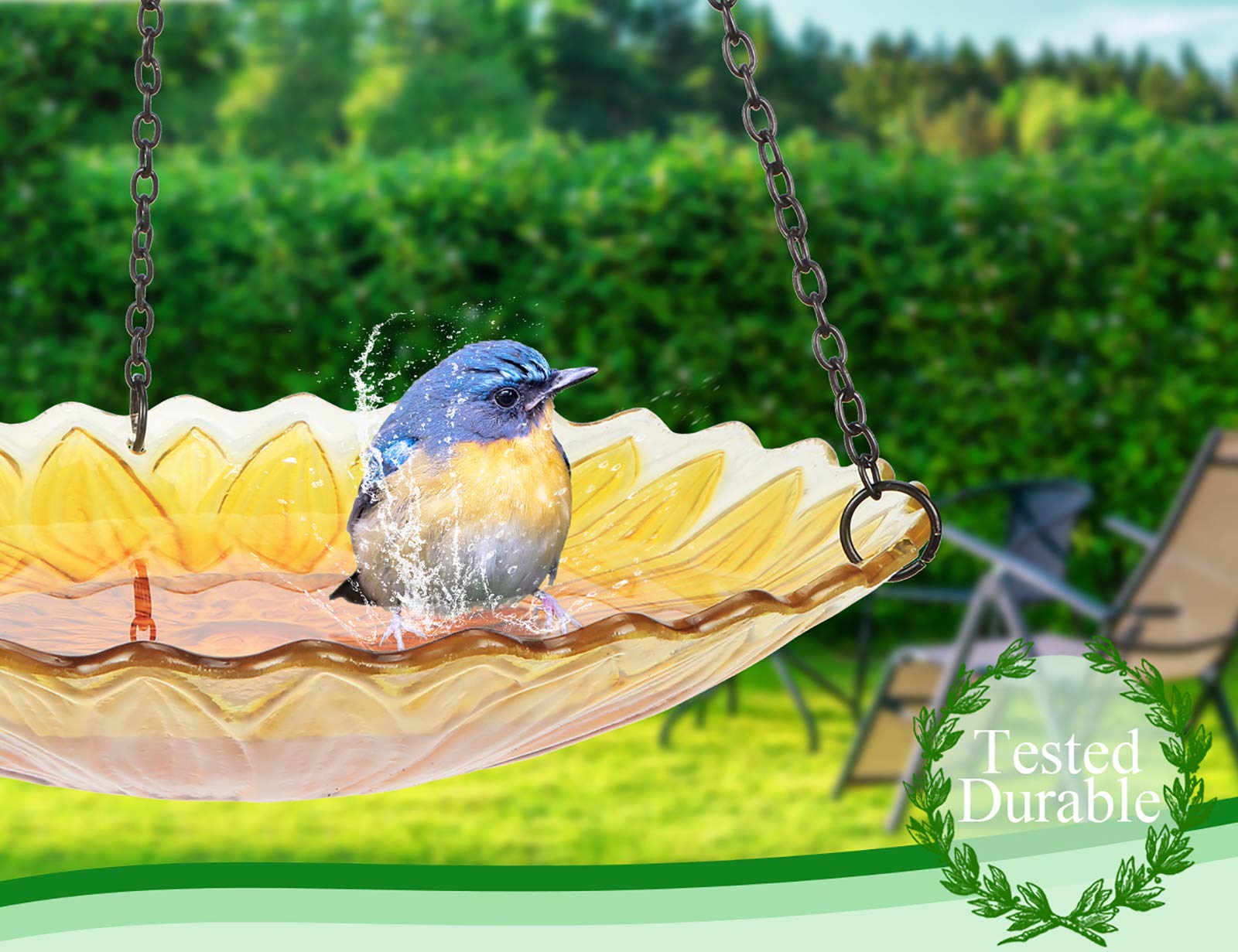 MUMTOP hanging bird bath doubles as a decorative bird feeder in the yard.