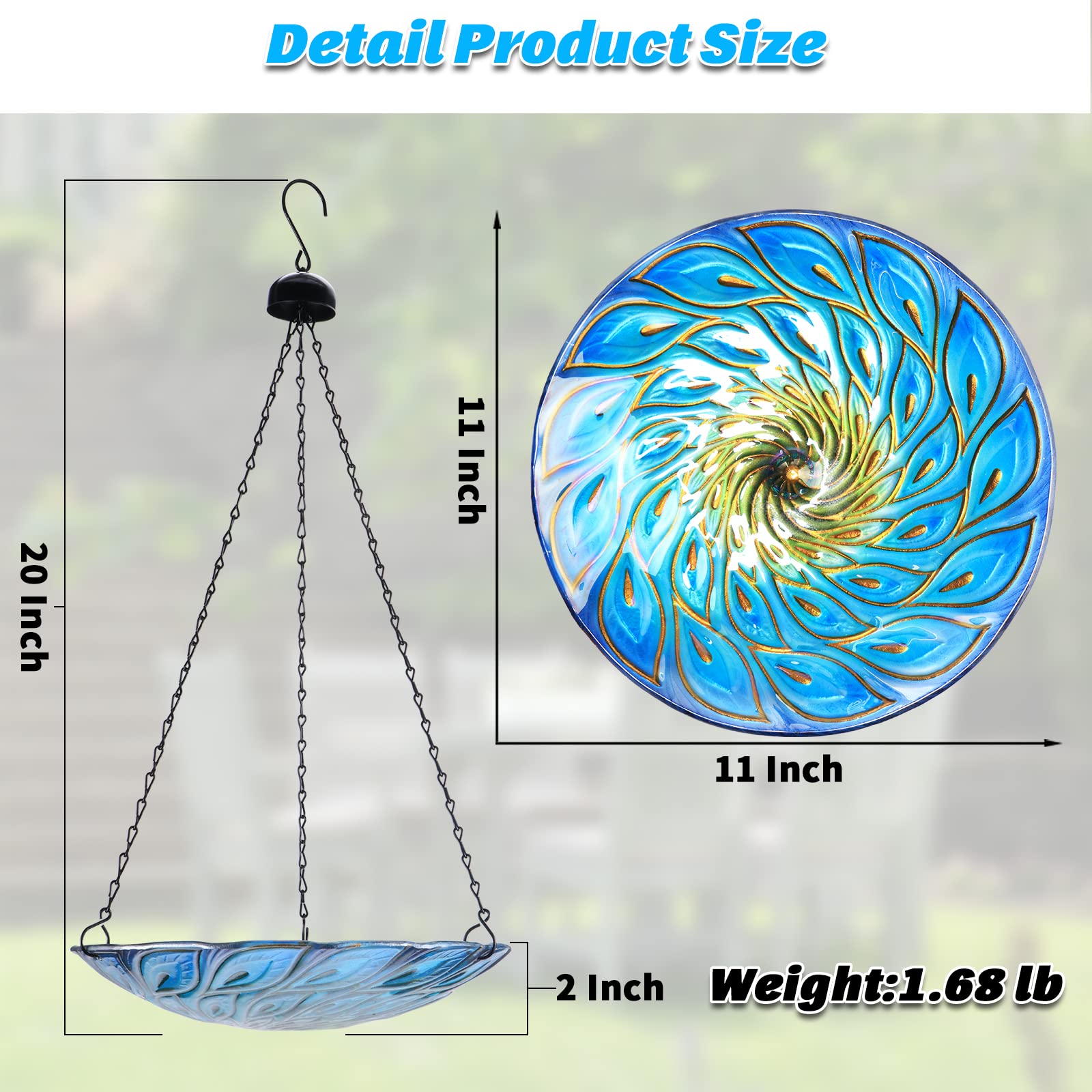 MUMTOP hanging glass bird bath shown in outdoor setting with decorative charm.