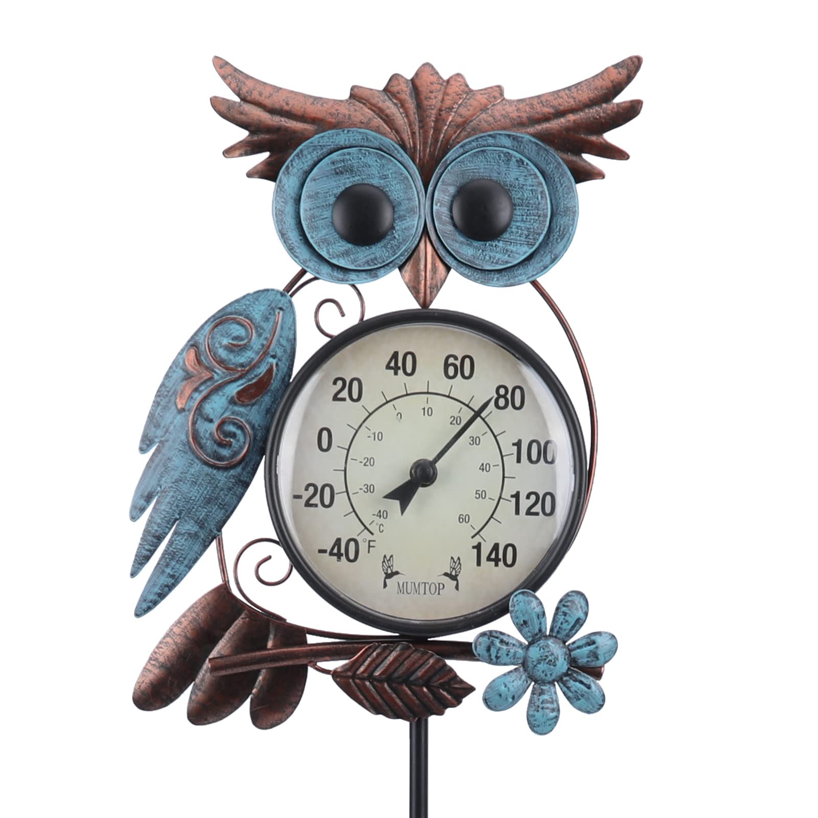 MUMTOP owl garden stake thermometer shown outdoors for year-round temperature readings