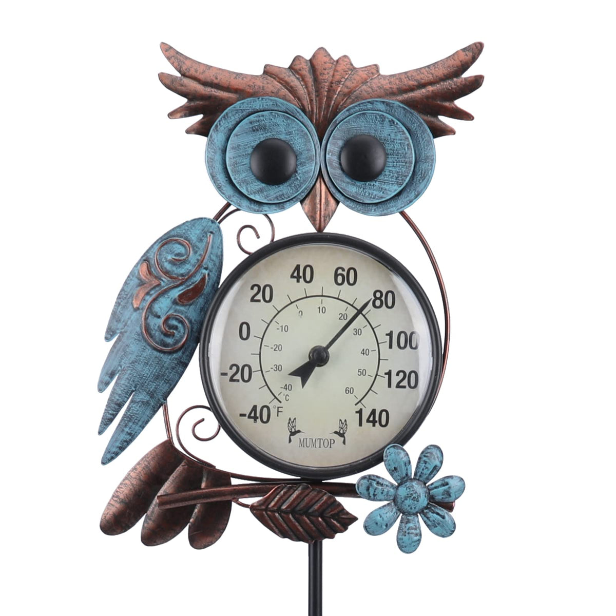 MUMTOP owl garden stake thermometer shown outdoors for year-round temperature readings