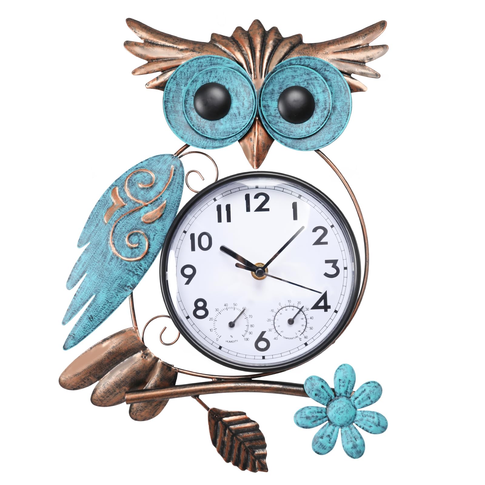 MUMTOP Owl outdoor clock front view with bold numerals for quick time checks.