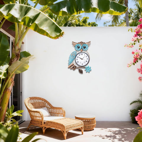 MUMTOP Owl outdoor clock enhances garden decor with practical time and climate readings.