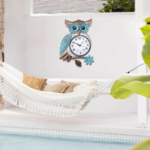 MUMTOP Owl outdoor clock mounted on a patio or poolside for convenience.