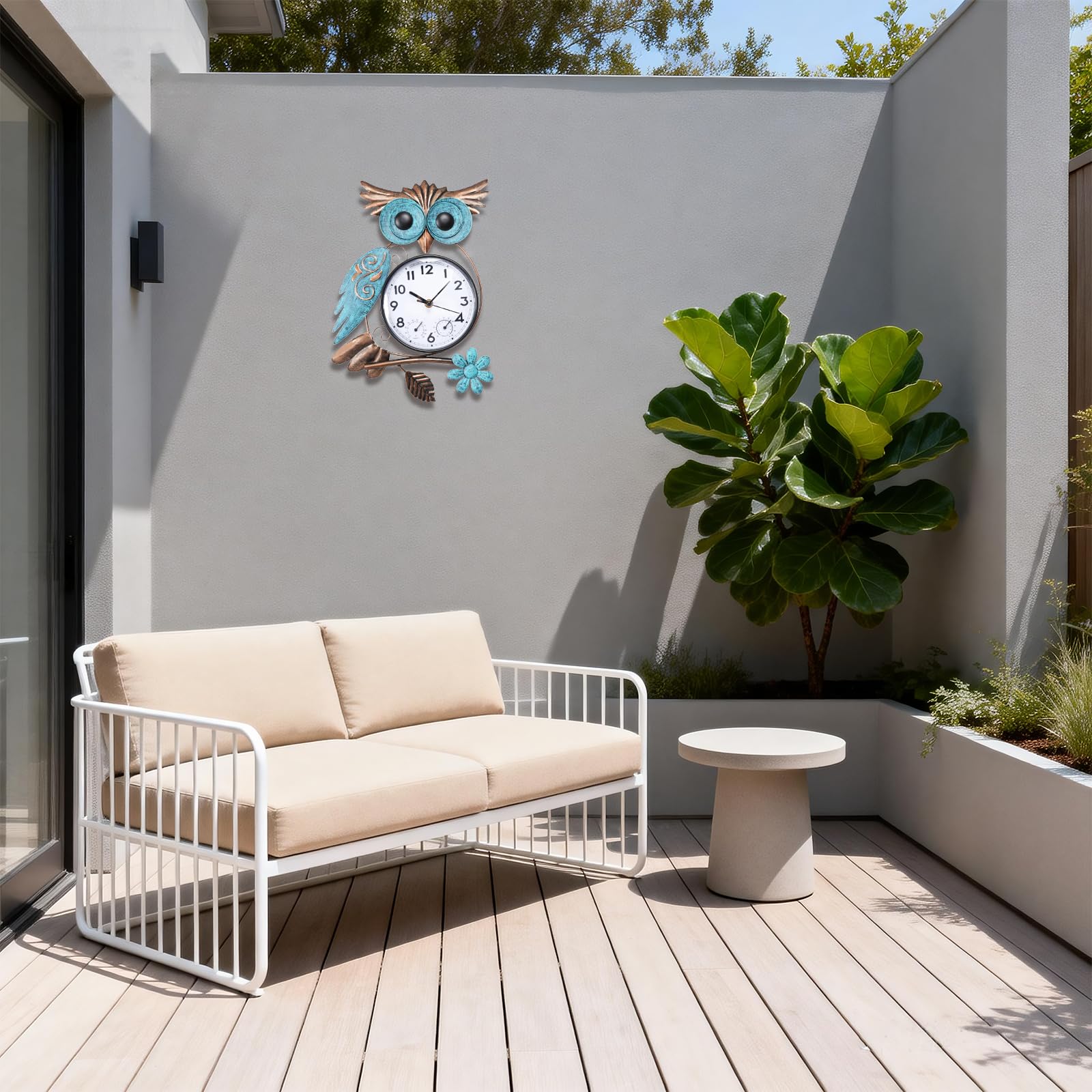 MUMTOP Owl outdoor clock wall mount on a patio or garden wall.