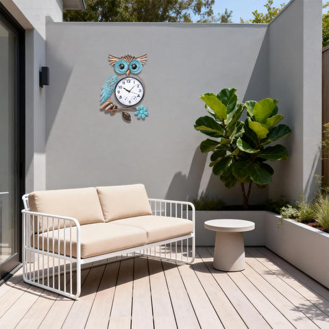 MUMTOP Owl outdoor clock wall mount on a patio or garden wall.