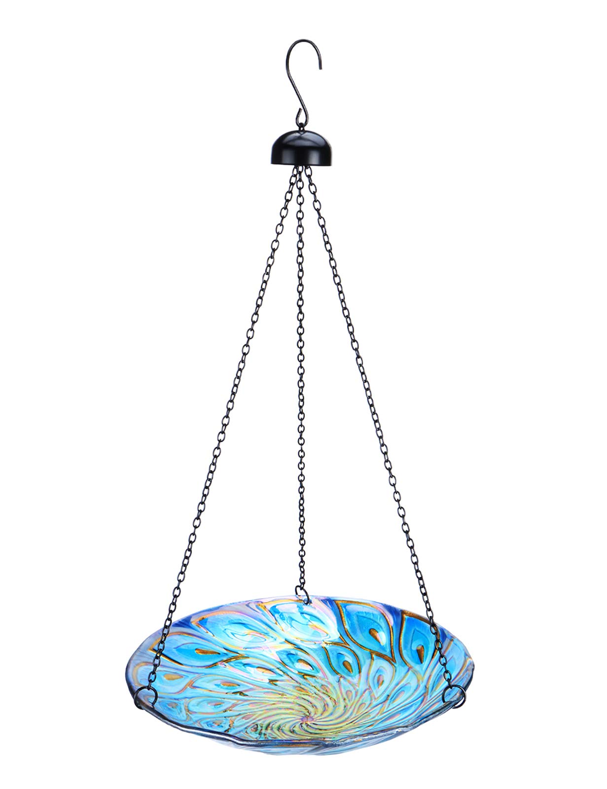 MUMTOP peacock-pattern glass bird bath 11-inch design attracts birds to bathe.