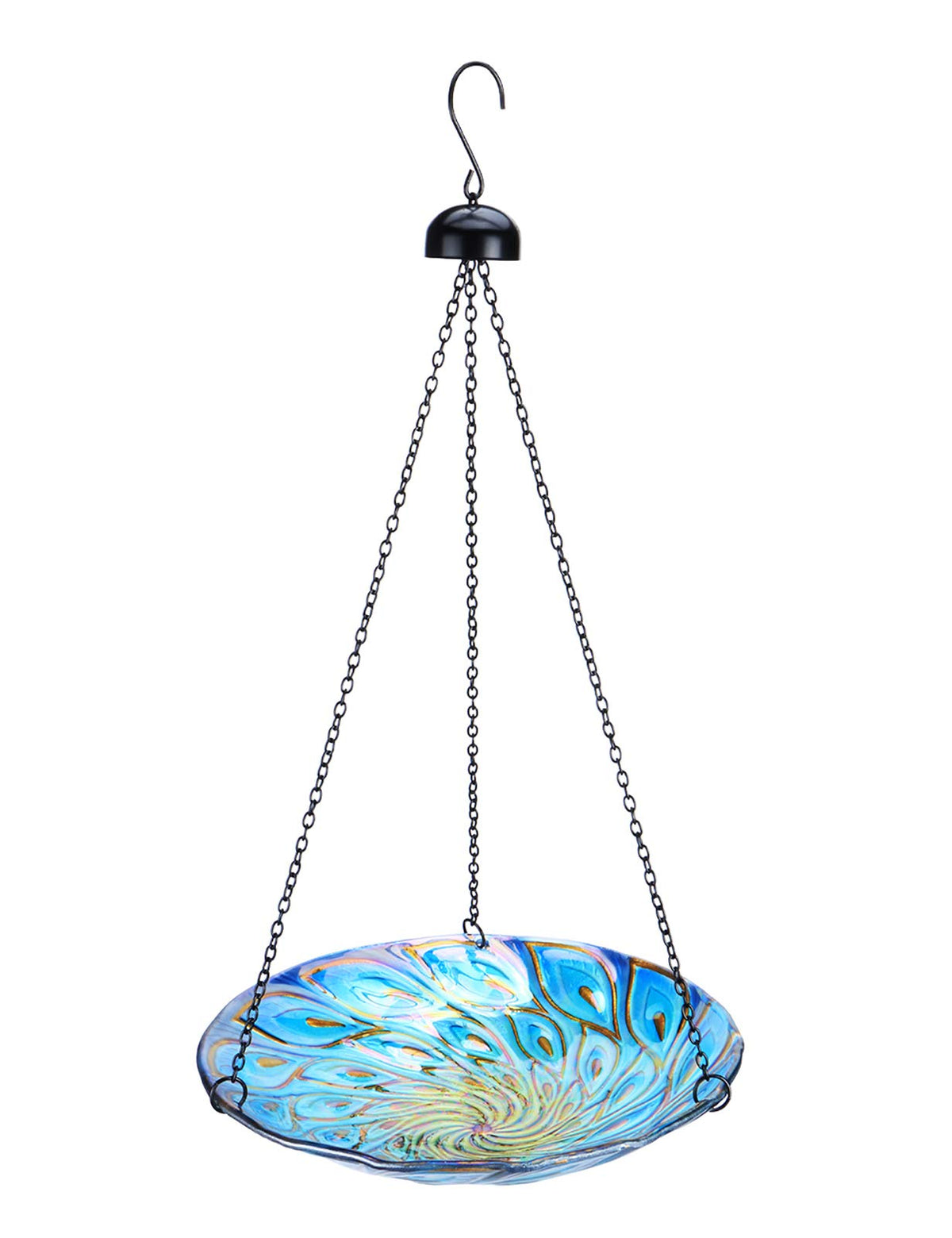 MUMTOP peacock-pattern glass bird bath 11-inch design attracts birds to bathe.