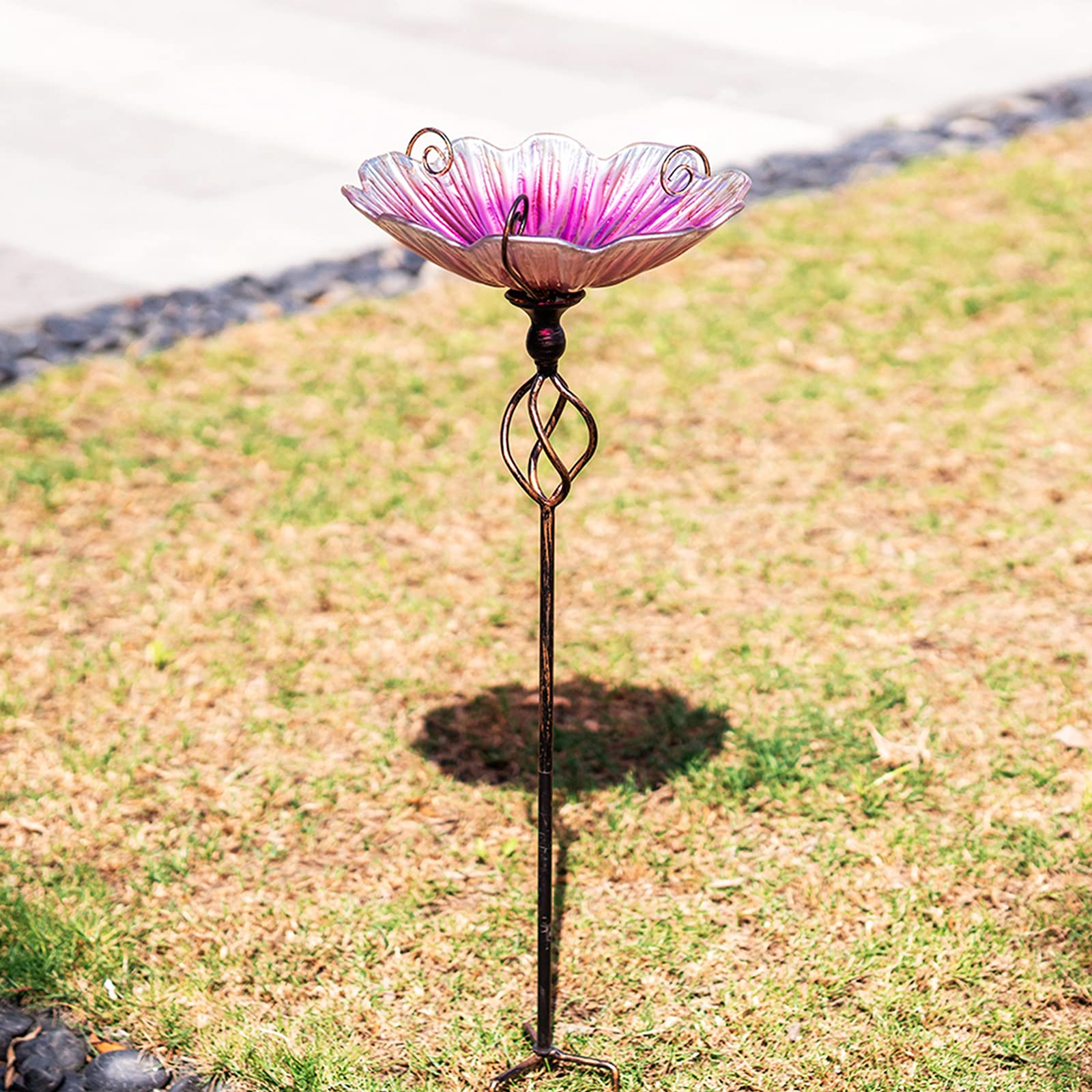 MUMTOP pink glass birdbath stake assembly for easy setup